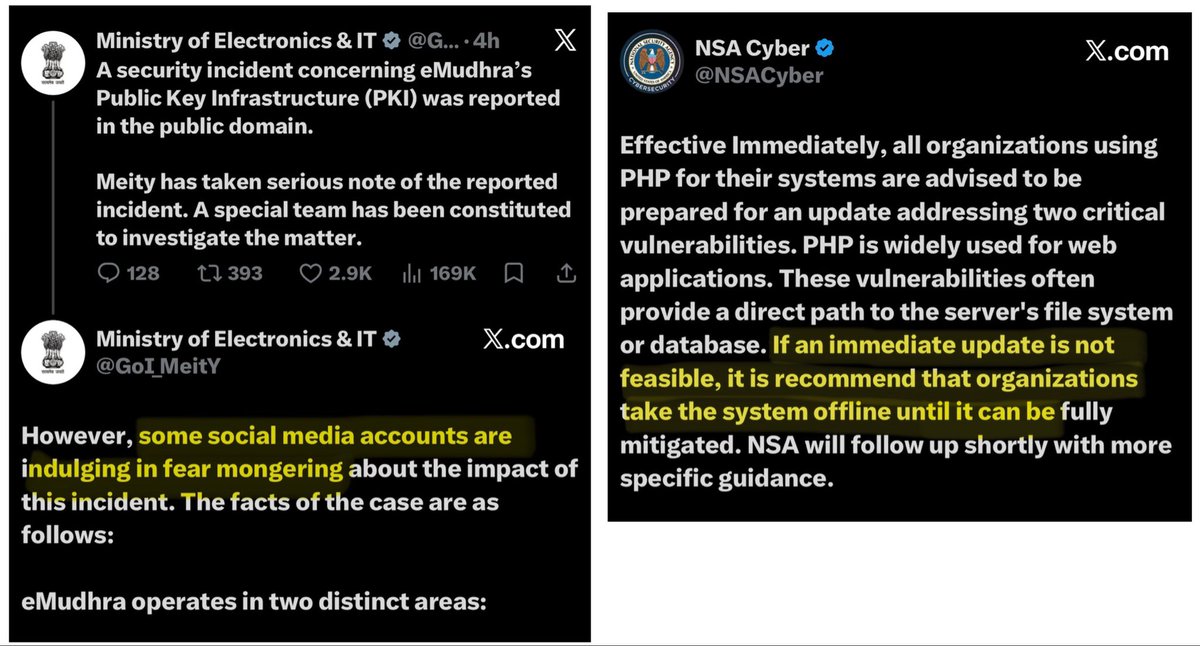 suktabombil's tweet photo. NSA is asking Americans to shutdown the system if immediate patching is not feasible. No blame on civilians. Gives reality check!

Where as, 
@GoI_MeitY is accusing civilians of fear mongering. Observe the outlook of both the departments to handle any incidents.

First thing our departments do is to name and blame civilians. Some serious attitude change is required here.