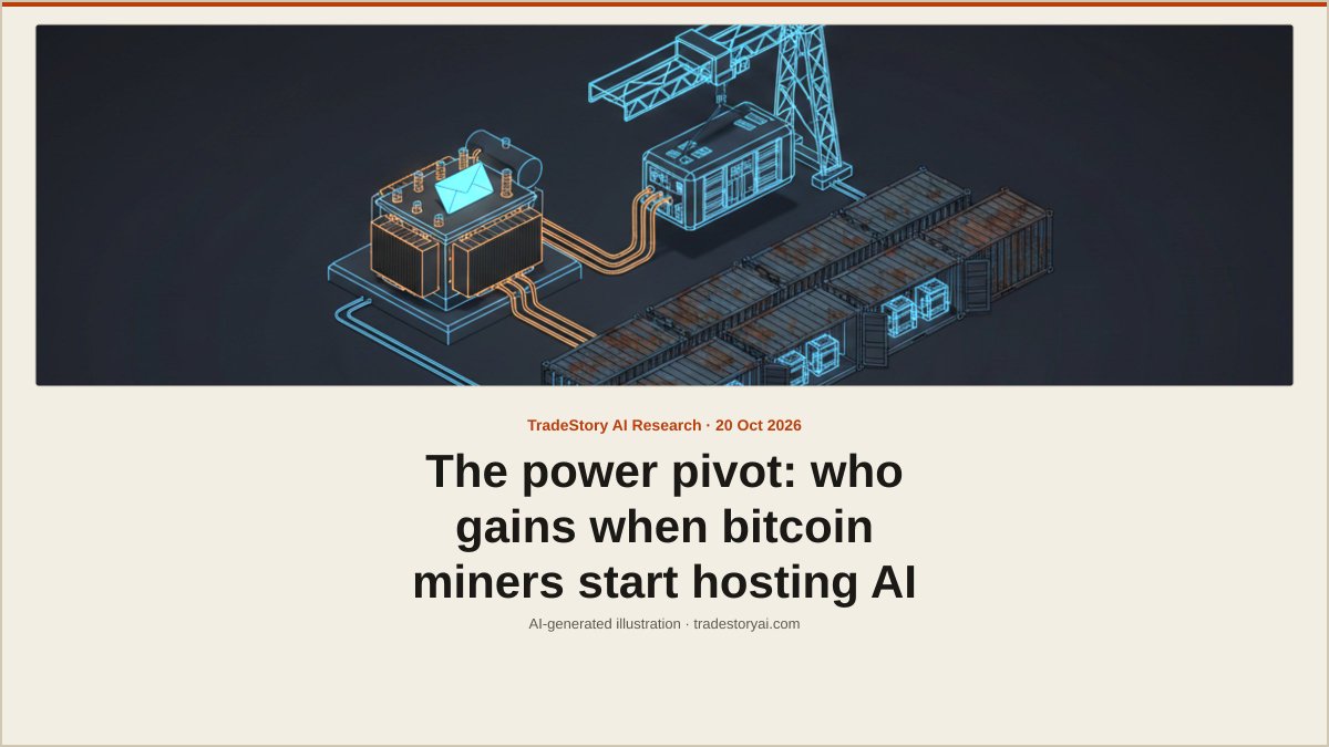 tradestoryai's tweet photo. $BTDR: The power pivot: who gains when bitcoin miners start hosting AI

TL;DR
• Miners moving into AI compete on multi-year contracts and execution, not just power.
• Riot leads our score, MARA is second, Keel third; Riot's Data Center segment did $23M in Q2 2026.
• Riot expects an NOI margin of 80% to 90%, which is its pricing-power claim.
• Risk: these are early earnings-call claims, and the moat holds only if execution does.

🧵
For information only. Not investment advice.