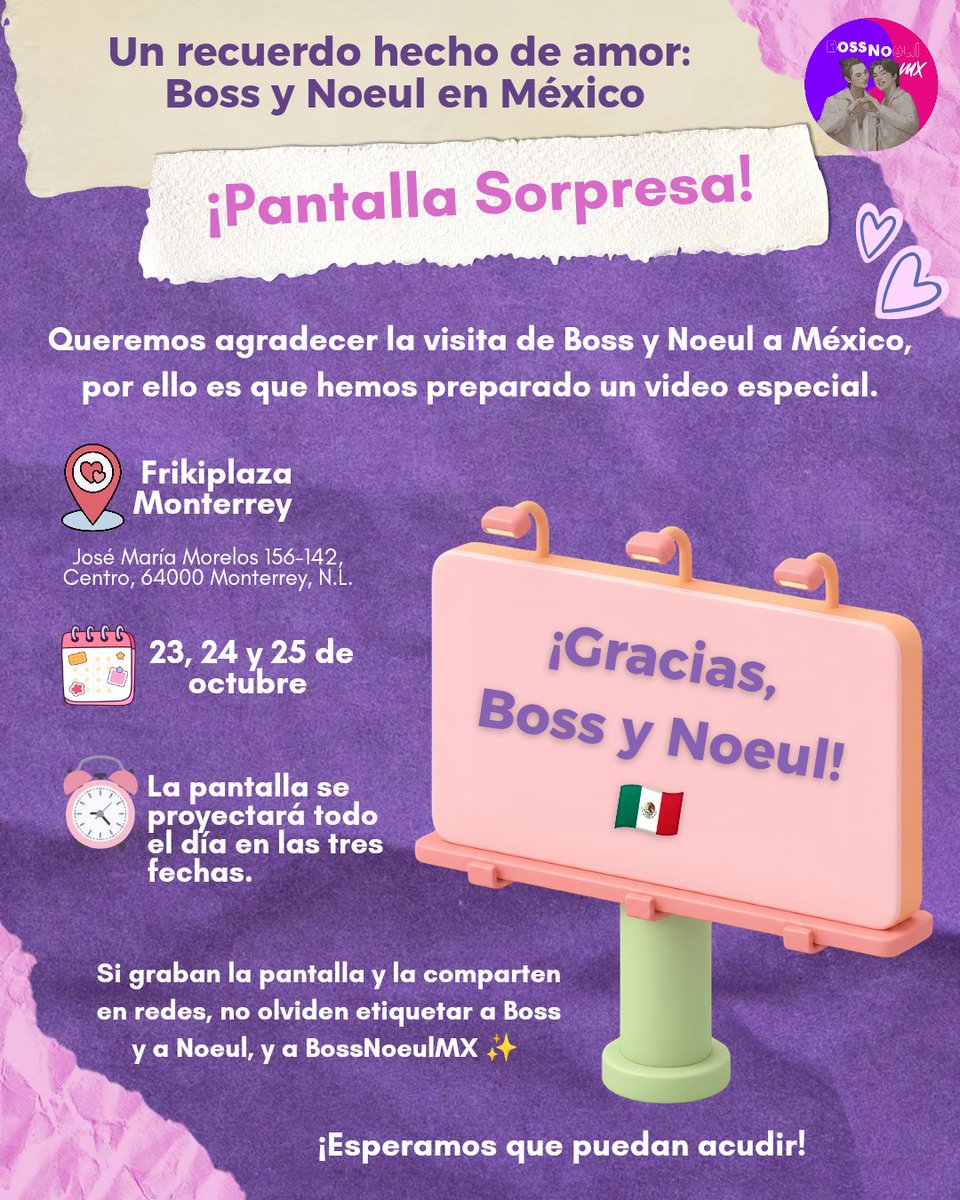 bossnoeulMX's tweet photo. ✨ Pantalla Sorpresa ✨
📍 Frikiplaza Monterrey
🗓️ 23, 24 y 25 de octubre
🕕 Todo el día en las tres fechas.
📹 Si graban la pantalla y la comparten en redes, no olviden etiquetar a Boss y a Noeul, y a BossNoeulMX ✨
¡Esperamos que puedan acudir!
#BossNoeul #Boss #Noeul https://t.co/Frl24VlGpM
