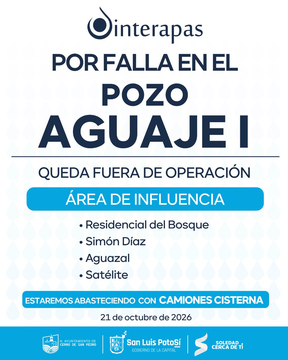 Interapas's tweet photo. 💧 AVISO 💧

El Pozo Aguaje I se encuentra fuera de operación debido a una falla. Mientras nuestro personal trabaja para restablecer el servicio, ponemos a disposición de las familias el servicio de pipas de agua, que pueden solicitar al 444 123 6400. https://t.co/nPqd3WwKPO
