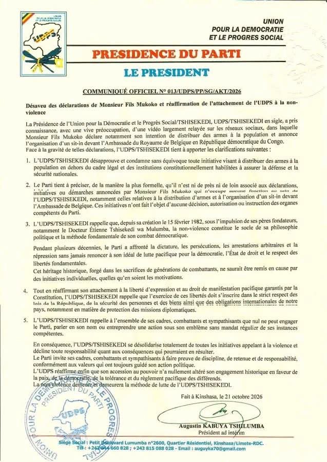 MulambaFis73563's tweet photo. 🇨🇩 UDPS : AUGUSTIN KABUYA RÉAFFIRME LA VOIE DE LA NON-VIOLENCE !
Le désaveu de Fils Mukoko rappelle une chose essentielle : l’UDPS reste attachée à la discipline, à la paix et au respect des institutions. Sous la conduite d’Augustin Kabuya, le parti réaffirme son engagement en faveur de la non-violence. La force d’un parti responsable réside dans ses convictions, pas dans la violence. 🇨🇩✊
#UDPS #AugustinKabuya #NonViolence #FatshiBéton #RDC Aigle 🦅 Royal