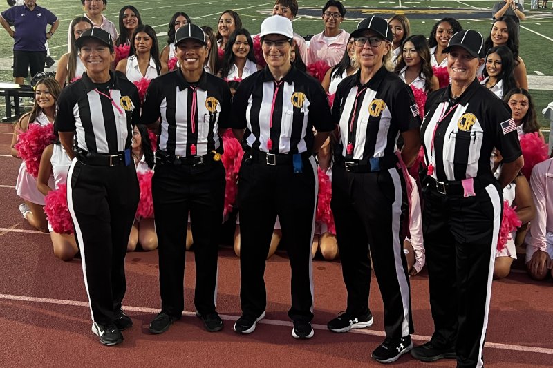 RefereeMag's tweet photo. The Southern California-based Orange County Football Officials Association (OCFOA) made history on October 1, 2026, when an all‑female officiating crew officiated a CIF‑Southern Section varsity tackle football game. The game between La Quinta and Santiago high schools marked the first time in Orange County’s history that a varsity contest was officiated entirely by women. The crew included: Referee Mary Margaret Montgomery, Umpire MaryAnn Menlove, Head Linesperson Kristi Wilson, Back Judge Sarita Stamps, and Line Judge Nina Berbiglia. Congratulations to all!