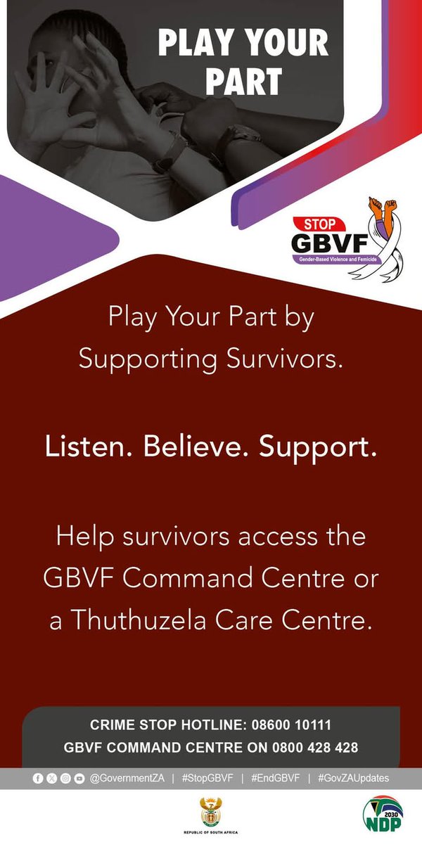 GovernmentZA's tweet photo. #PlayYourPart by supporting survivors. Listen. Believe. Support. 

#EndGBVF #GovZAUpdates #StopGBVF https://t.co/ChQxcr2LXJ