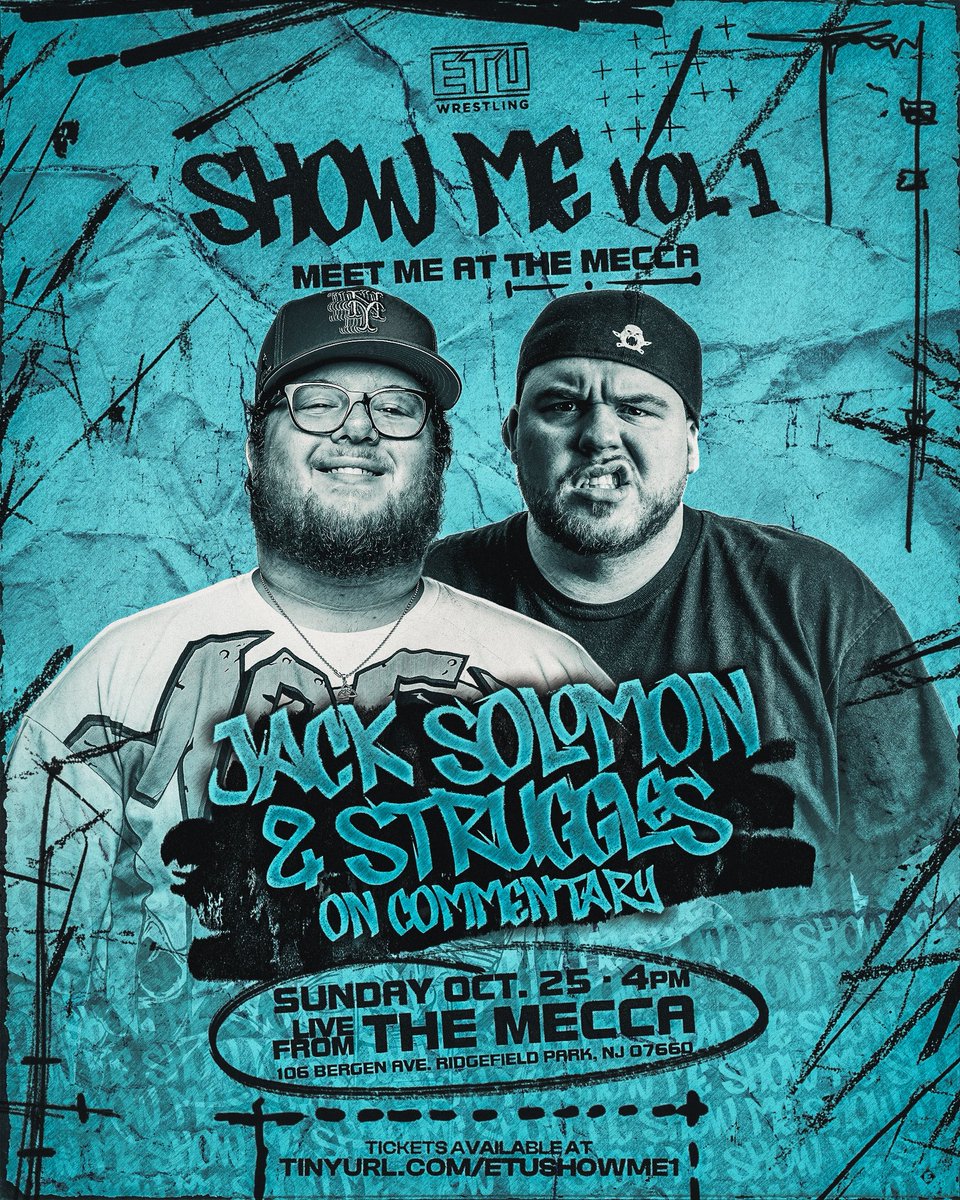 ETUwrestling's tweet photo. 🚨TALENT ANNOUNCMENT🚨

@JackSolomonETU &amp; @TheStruggles23 will be on commentary THIS SUNDAY for Show Me VOL. 1!

Tickets On Sale NOW!
https://t.co/jJEuWfygJC

📼 SHOW ME VOL. 1 📼
Sun. Oct 25th • 4pm
The Mecca • Ridgefield Park, NJ
Streaming LIVE on IWTV https://t.co/YhJ7mhorXk