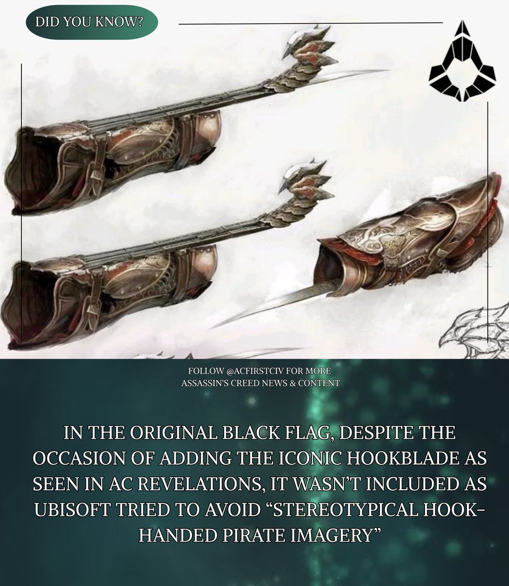 ACFirstCiv's tweet photo. Did you know ❓ In the original Black Flag despite the occasion of adding the iconic Hookblade as seen in AC Revelations, it wasn’t included as Ubisoft tried to avoid “stereotypical hook-handed Pirate imagery”. https://t.co/XpYQK8aMF1