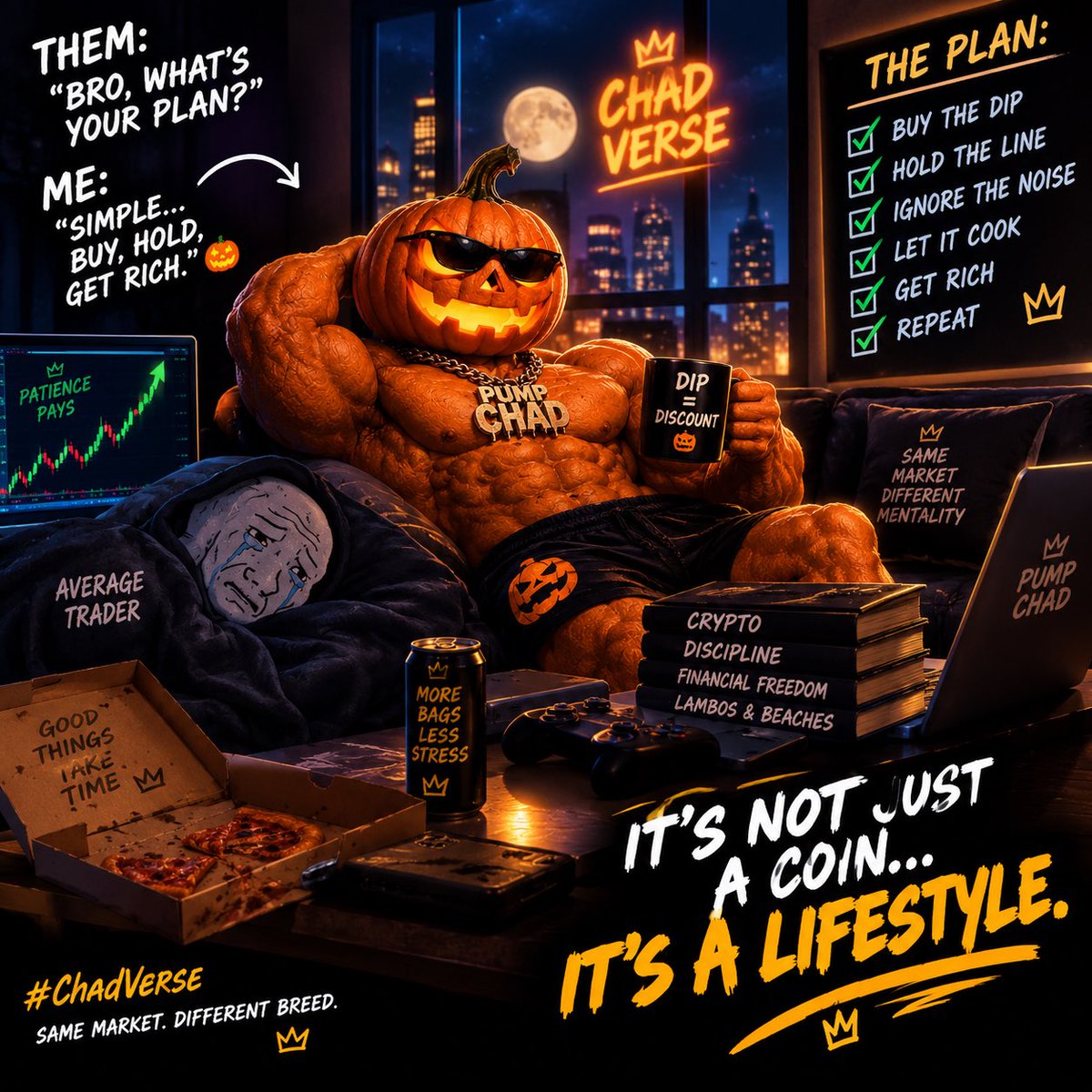 Segzylee4Lee's tweet photo. @PumpChad_soll 

Them: “Bro, what’s the strategy?” 🤔

Pump Chad: “Strategy? I thought we were here to build an empire.” 💀🎃👑

Different mindset. Different breed. CHAD VERSE ENERGY. 🗿🔥

Same market. Different mentality.

Who’s building with us? 👀👇
#ChadVerse #PumpChad https://t.co/nC7xX67R0V