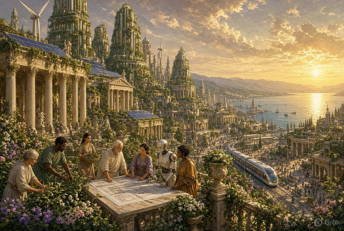 linkd's tweet photo. @linkd Aspirational protopia in Thomas Cole's Consummation of Empire style: thriving classical city with vertical farms, shared gardens, humans and AI collaborating under golden light. Relentlessly better. https://t.co/PXUmASceMl