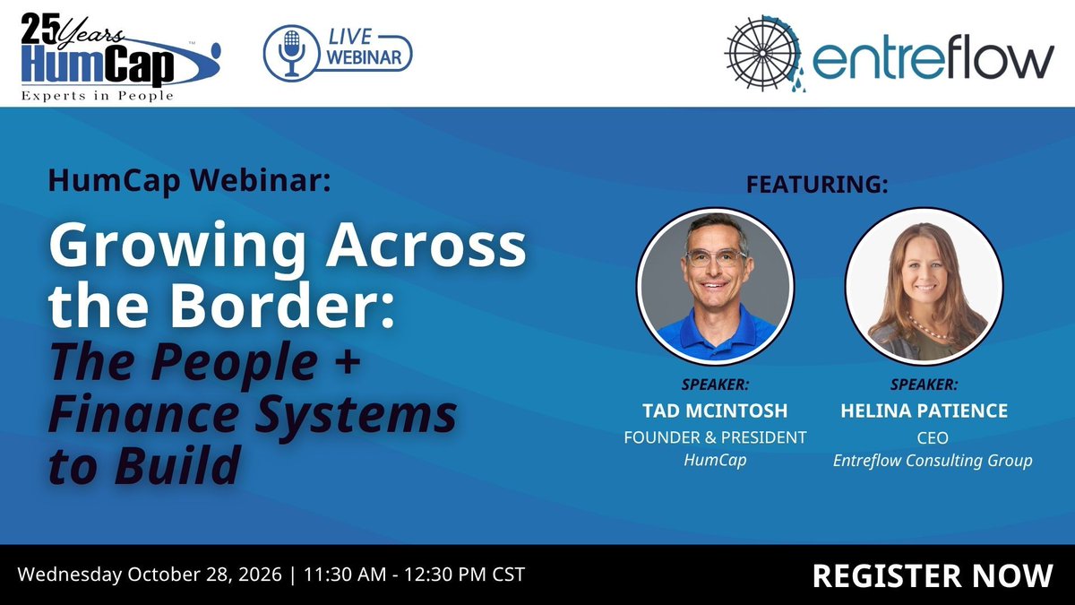 HumCapLP's tweet photo. One week out! Growing in the U.S. or Canada? Join HumCap and EntreFlow Consulting Group for our #webinar on Oct. 28 at 11:30 a.m. CT for the people and finance systems to build first.

Register now: https://t.co/2Jn1gjp4yg

#CrossBorder #HR https://t.co/Td0XYrQ5eu