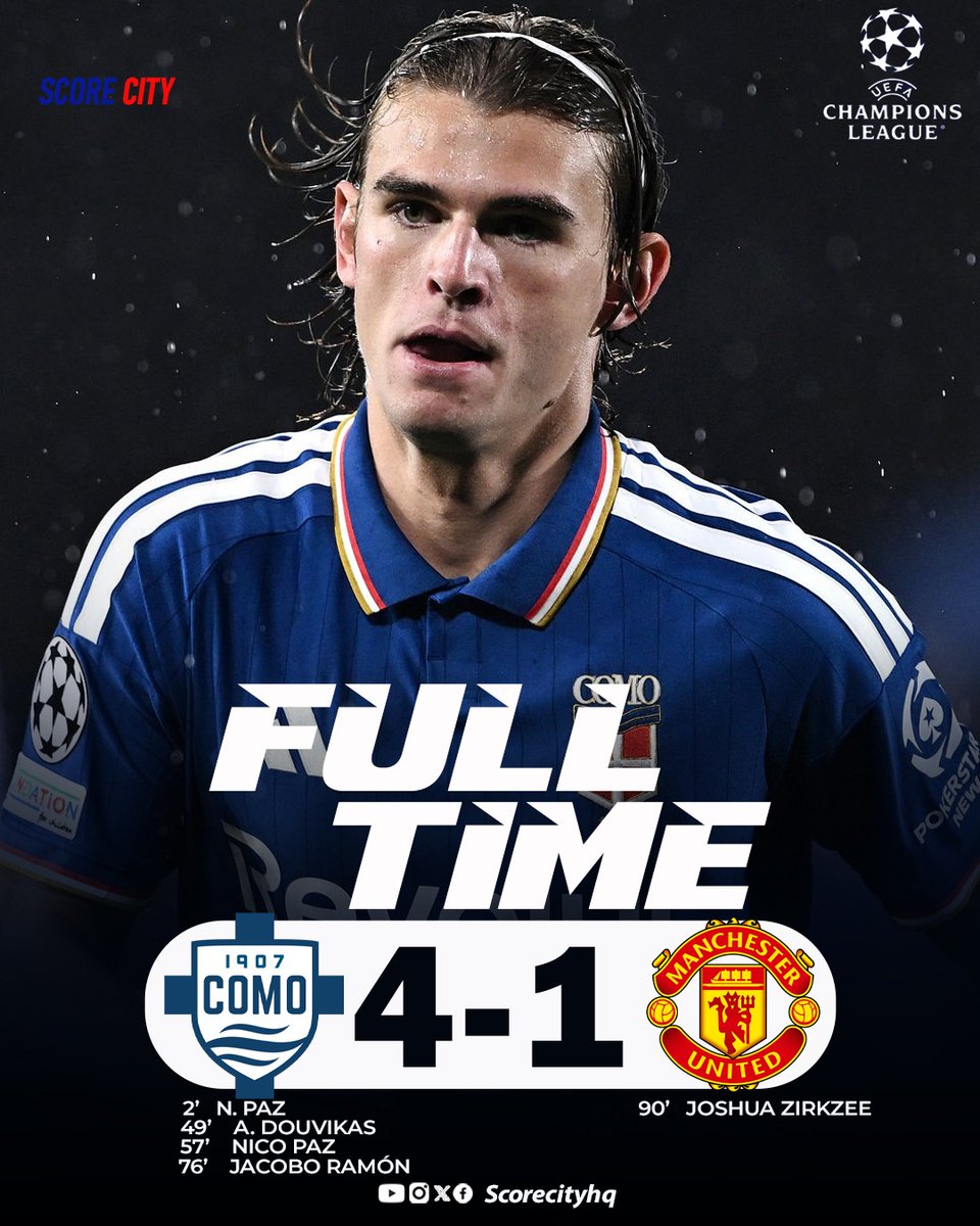 scorecityhq's tweet photo. COMO 4-1 MAN UNITED

Man United got DESTROYED💔 

Como put four past the Red Devils.

United fans, what’s your excuse this time? 

#Como #ManUnited #ManchesterUnited #COMOMUN #Football #FootballTwitter #FootballFans #PremierLeague #ViralFootball #FootballReactions #Socc https://t.co/hJVJHMMDpt
