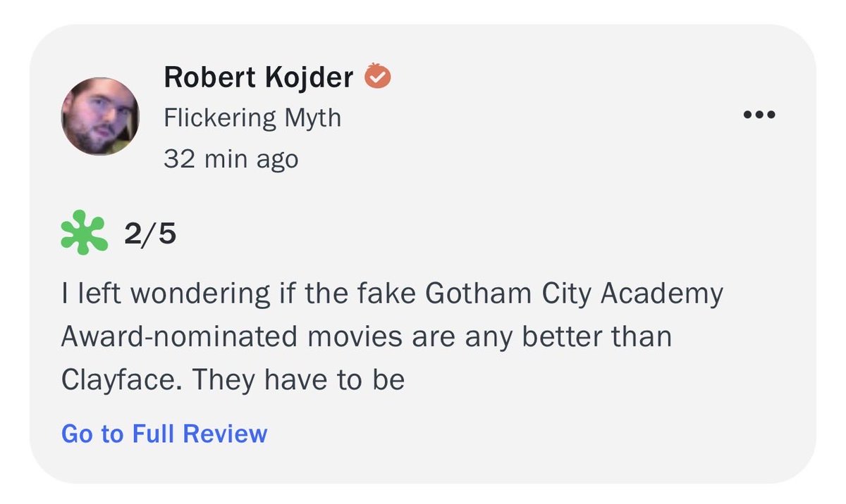 Josh_Wilding's tweet photo. Relieved to say there’s now a new first #Clayface review on Rotten Tomatoes. 😅 https://t.co/J3GGsBxnTP