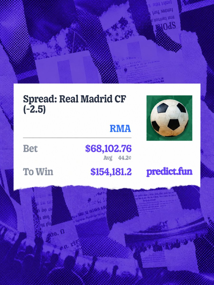 FConPredict's tweet photo. 🚨 $68,103 BET ON REAL MADRID! 👀

@predictdotfun user LiveLiftHold9 bets $68,103 on Real Madrid to beat RB Leipzig by 3+ goals!

Potential payout: $154,181 💰 https://t.co/Ki5vhWq4gH