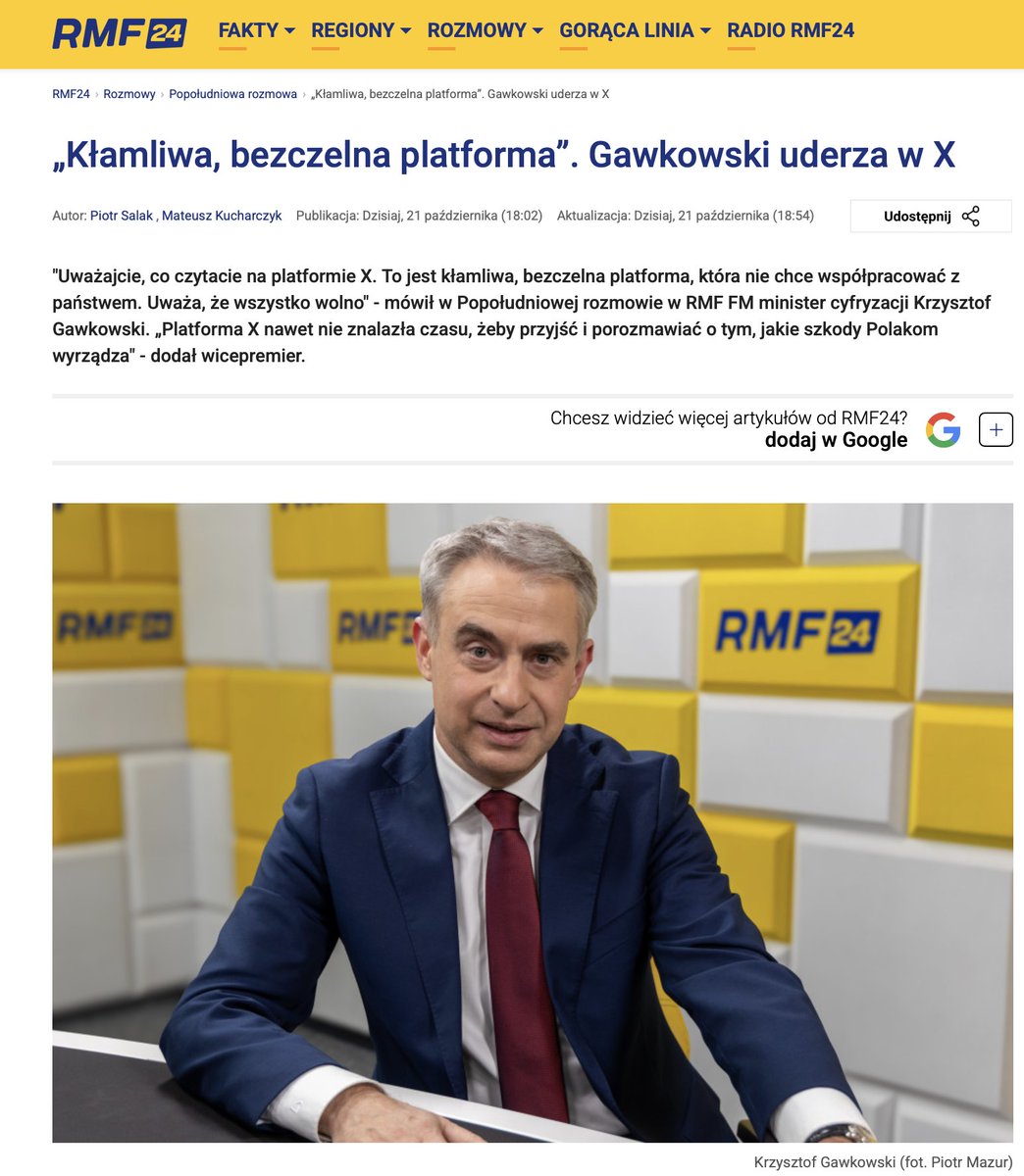 ExplicitePL's tweet photo. Gawkowski nazywa X „kłamliwą, bezczelną platformą”, grozi wielomilionowymi karami i mówi o możliwości wyłączania platform.
Rządzący politycy KO mają już przewagę czasu antenowego w mediach publicznych, a teraz chcą dyktować warunki także tam, gdzie obywatele mogą swobodnie ich krytykować.
Cenzura pod hasłem obrony demokracji to nadal cenzura.