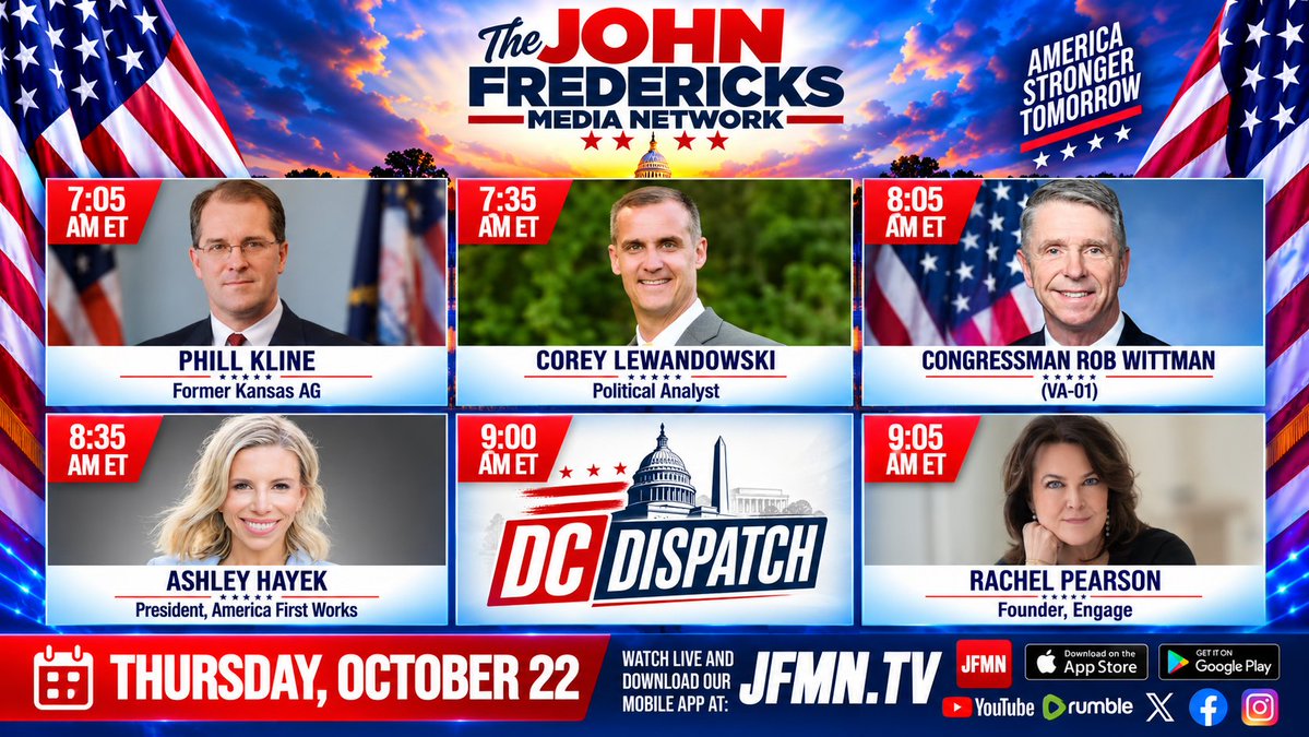 jfradioshow's tweet photo. #JFRS #THURSDAY #GodzillaOfTruth
Watch Live + Download Our New Mobile APP at https://t.co/PKkmw24m7E
6:00 AM - 10:00 AM ET @jfradioshow LINE-UP
7:05 AM ET @PhillDKline
7:35 AM ET @CLewandowski_
8:05 AM ET @RobWittman
8:35 AM ET @ashleyhayek @america1stworks @a1policy
9:00 AM ET @cmgoodlander @maryapickering @lrlobbying @terrygilberg #DCDISPATCH
9:05 AM ET #RachelPearson @EngageForWomen
Taking Your Calls!!! 888-480-JOHN (5646)
Watch Live + Download Our New Mobile APP at https://t.co/PKkmw24m7E