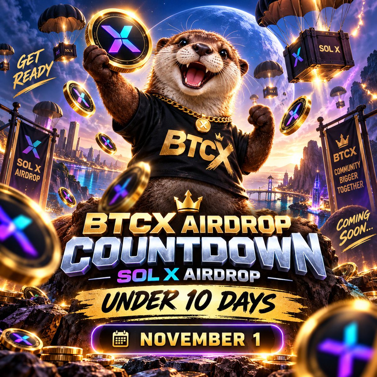 BTCX_NETWORK's tweet photo. THE COUNTDOWN IS ON! 

LESS THAN 10 DAYS UNTIL THE SOL X AIRDROP!

November 1st is almost here, and the BTCX community is preparing for the first SOLX airdrop!

Your BTCX XP determines your share of the airdrop. The more XP you've accumulated relative to other holders, the larger your allocation.

How does XP work?

Hold BTCX: Every 100,000 BTCX earns 1 XP per second, automatically.

Hold longer: Your XP earning multiplier increases over time, reaching up to 5x after one year.

Reinvest rewards: Reinvesting your xBTC dividends into BTCX can boost your XP earning rate by up to an additional 50%.

Climb the leaderboard: Your accumulated XP determines your proportional share of SOLX distributions.

And remember: BTCX holders can also receive automatic xBTC rewards generated from trading fees.

Check your XP and leaderboard ranking:
https://t.co/SWqT01uPk1
Learn more about BTCX:
https://t.co/d5J2oVvaH6

The countdown to November 1 has begun.
SOLX airdrops are designed to reward the BTCX community across multiple distribution seasons.

Every second counts. Keep an eye on your XP!