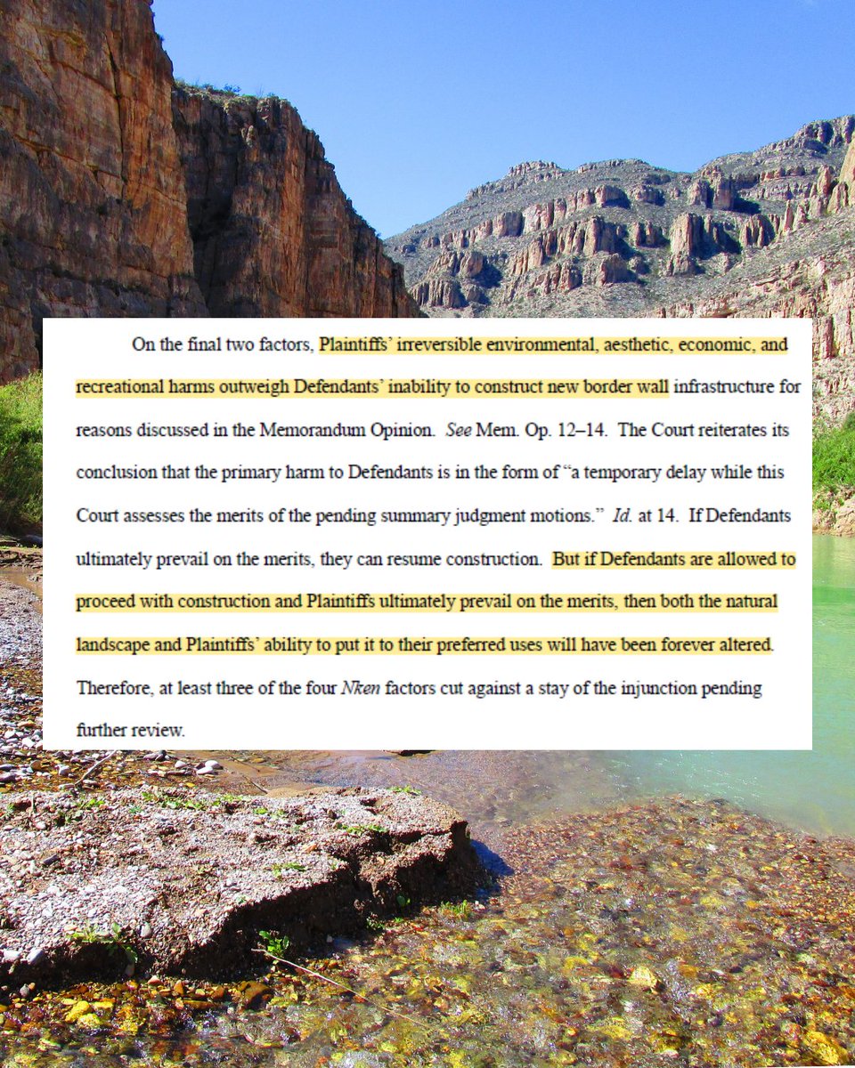 LaikenJordahl's tweet photo. BREAKING: Federal judge Kathleen Cardone, a Bush appointee, denies DHS request to allow Big Bend border wall construction to resume, citing the irreparable harm suffered if the project is allowed to continue.

DHS requested Judge Cardone lift the injunction, largely putting forth the same arguments that she had already rejected. DHS has indicated intentions to petition the Supreme Court to take this case, but even if they do, the outcome is not a given. The main argument we've used in our case--the Major Questions Doctrine--has been historically favored by conservative justices, some of whom are currently on the court.