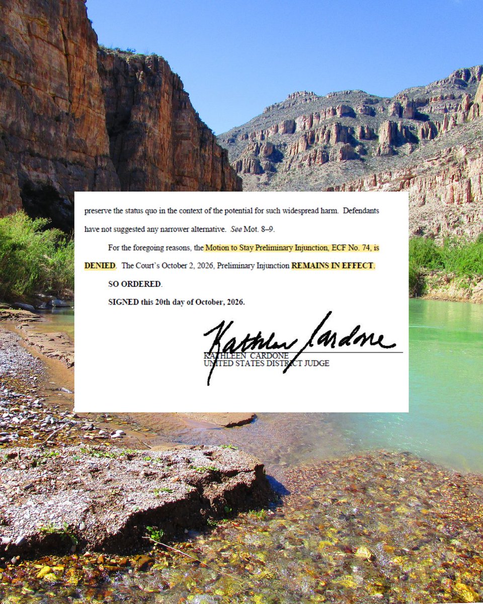LaikenJordahl's tweet photo. BREAKING: Federal judge Kathleen Cardone, a Bush appointee, denies DHS request to allow Big Bend border wall construction to resume, citing the irreparable harm suffered if the project is allowed to continue.

DHS requested Judge Cardone lift the injunction, largely putting forth the same arguments that she had already rejected. DHS has indicated intentions to petition the Supreme Court to take this case, but even if they do, the outcome is not a given. The main argument we've used in our case--the Major Questions Doctrine--has been historically favored by conservative justices, some of whom are currently on the court.