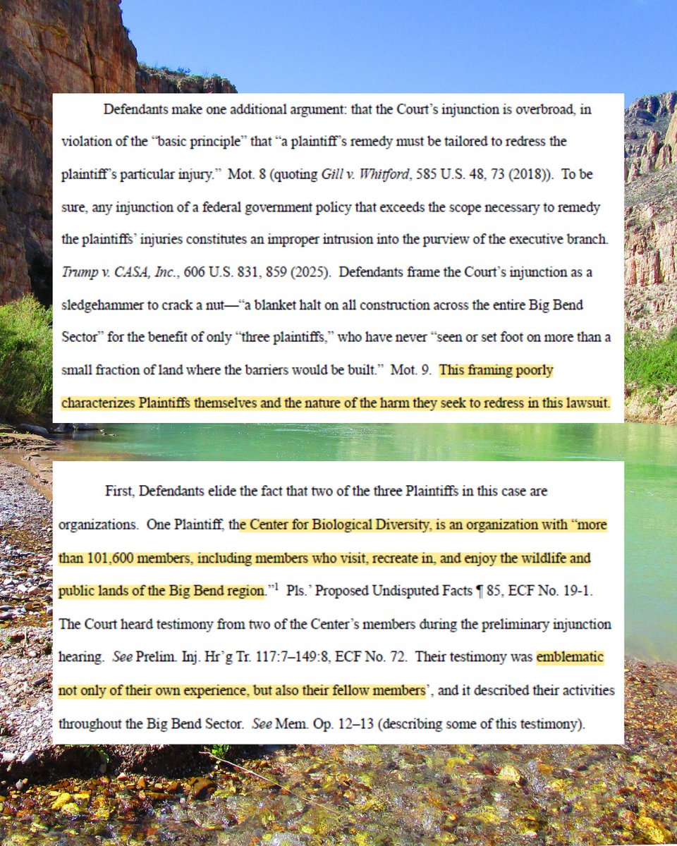 LaikenJordahl's tweet photo. BREAKING: Federal judge Kathleen Cardone, a Bush appointee, denies DHS request to allow Big Bend border wall construction to resume, citing the irreparable harm suffered if the project is allowed to continue.

DHS requested Judge Cardone lift the injunction, largely putting forth the same arguments that she had already rejected. DHS has indicated intentions to petition the Supreme Court to take this case, but even if they do, the outcome is not a given. The main argument we've used in our case--the Major Questions Doctrine--has been historically favored by conservative justices, some of whom are currently on the court.