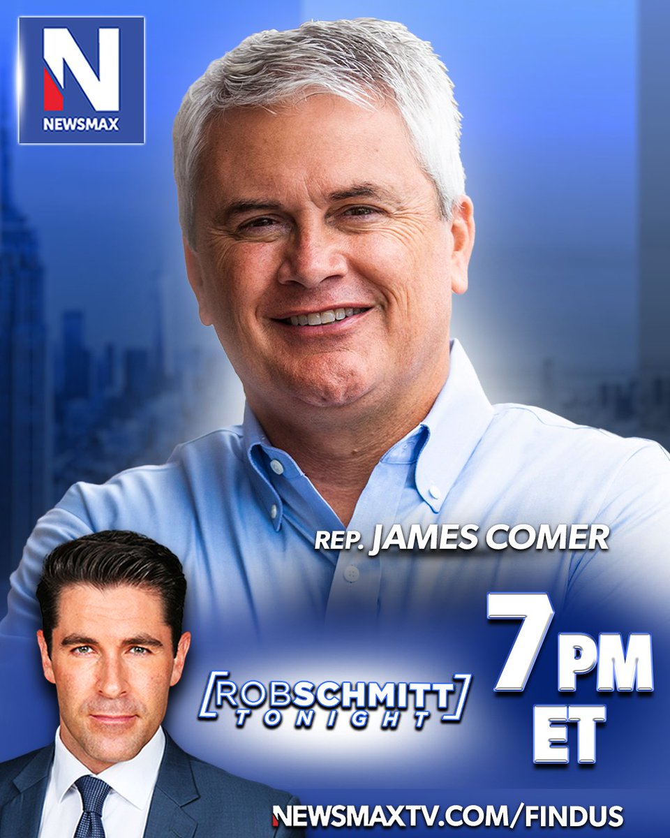 NEWSMAX's tweet photo. TONIGHT: Rep. James Comer will join "Rob Schmitt Tonight" to comment on the investigation into Rep. Ilhan Omar, plus more — 7PM ET on NEWSMAX.

WATCH: https://t.co/rs8XZDaTLB @RepJamesComer
