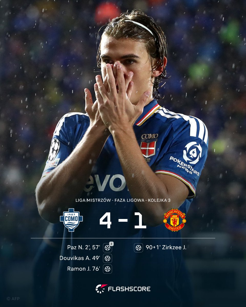 FlashscorePL's tweet photo. Jeszcze nie tak dawno temu grali w Serie D. Dziś pokonali 🏴󠁧󠁢󠁥󠁮󠁧󠁿 Manchester United w Lidze Mistrzów 🤯🔥

🇮🇹 Como pisze jedną z najbardziej niesamowitych historii współczesnego futbolu.

🔗 Statystyki: https://t.co/s7Zy9hm1uR

#ChampionsLeague
#UCL https://t.co/mJhtzxGZIo