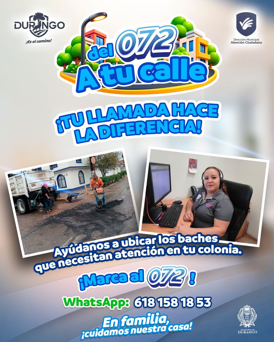 DurangoCap's tweet photo. ¡Tu llamada puede hacer la diferencia! 📞

Ayúdanos a identificar los baches que necesitan atención. En coordinación con Obras Públicas, damos seguimiento para seguir enchulando más calles.

¡Marca al 072 y ayúdanos a cuidar nuestra casa! 
#EsteEsElCamino 🐺 https://t.co/5ECAlNeCjL