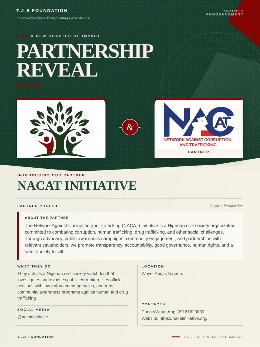 TJSFoundationng's tweet photo. 🌟 PROUD PARTNER SPOTLIGHT: NACAT INITIATIVE 🌟

​As we count down to our much-anticipated October Impact Weekend, we are deeply honored to spotlight our official community partner—the Network Against Corruption and Trafficking (NACAT) Initiative! 🤝🏛️ @NacatInitiative https://t.co/xsMDrjT9qQ
