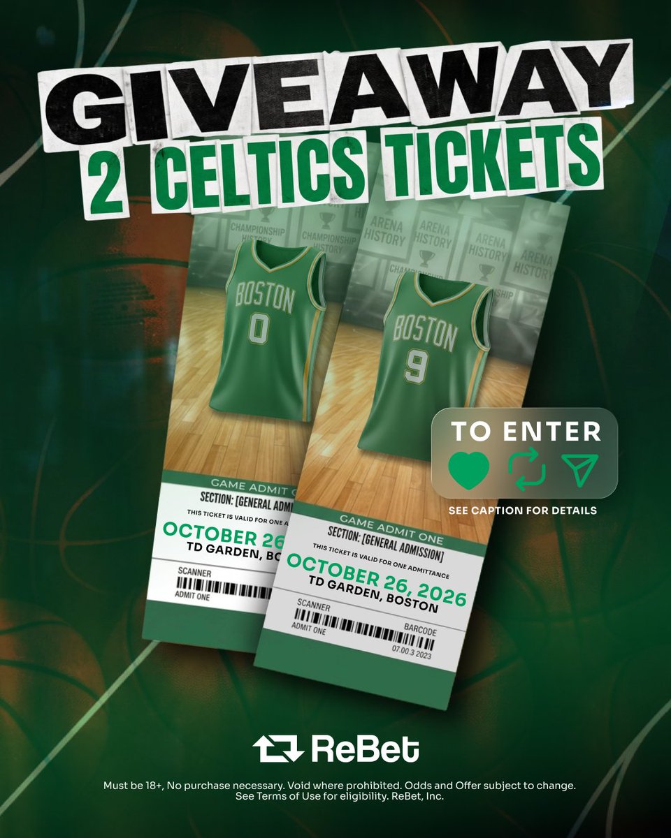rebetapp's tweet photo. 🍀 Your next #Celtics game could be in person! 🏀🔥 Win 2 tickets for Oct. 26 at TD Garden!

To enter:
❤️ Like this post
🔁 Retweet
💬 Drop your 3 leg #NBA parlay (built on ReBet) in the replies

🎲 The winner will be picked at random & announced Sunday, Oct. 25 in the afternoon.
👉 X [@rebetapp] exclusive giveaway.