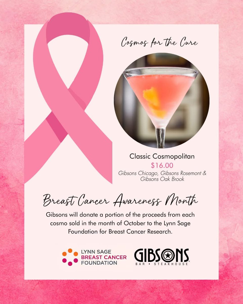 GibsonsSteak's tweet photo. Let’s think pink! 💕 We are proud partners with @lynnsage. Throughout the remainder of October, a portion of the proceeds of all Cosmos sold will be donated to Breast Cancer Research. #CosmosForTheCure 🍸✨ https://t.co/quXwgR9z1P