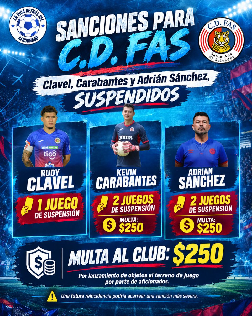lavidadetrasdel's tweet photo. 🚨🔵🔴 ¡SANCIONES PARA C.D. FAS!

El cuadro asociado recibe sanciones disciplinarias que incluyen suspensiones para tres integrantes del equipo. 🏆⚽️🔥🇸🇻!!!
#Historiadenuestrofutbol #recordaresvolveravivir #ligasalvadoreña #primeradivision https://t.co/MS7jrt0Mku