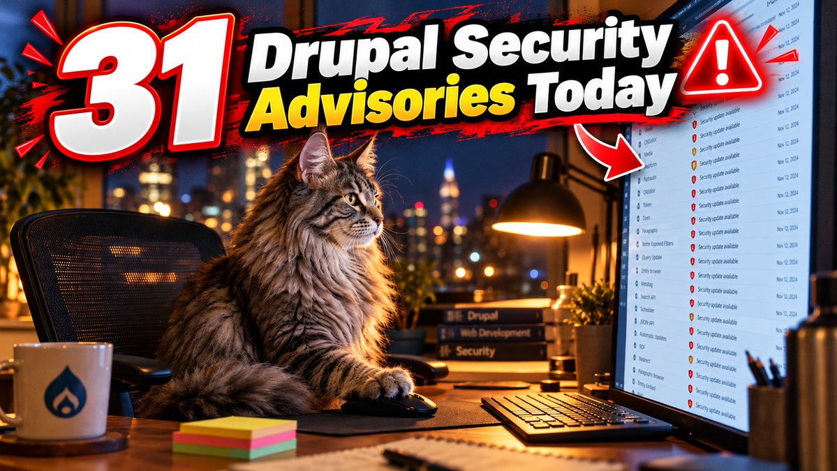 drupalaid's tweet photo. #Drupal security day: 31 contrib advisories. Most urgent:

• ffmpeg_image_toolkit 1.0.3 (highly critical)
• custom_formatters 4.2.1
• monster_menus 9.5.6
• ui_icons 2.0.2
• abc 2.0.1
• black_hole 2.0.1
• zero_point 2.0.1
• dopup 1.0.7

Plus 23 moderately critical. https://t.co/N9MKsN0kHE