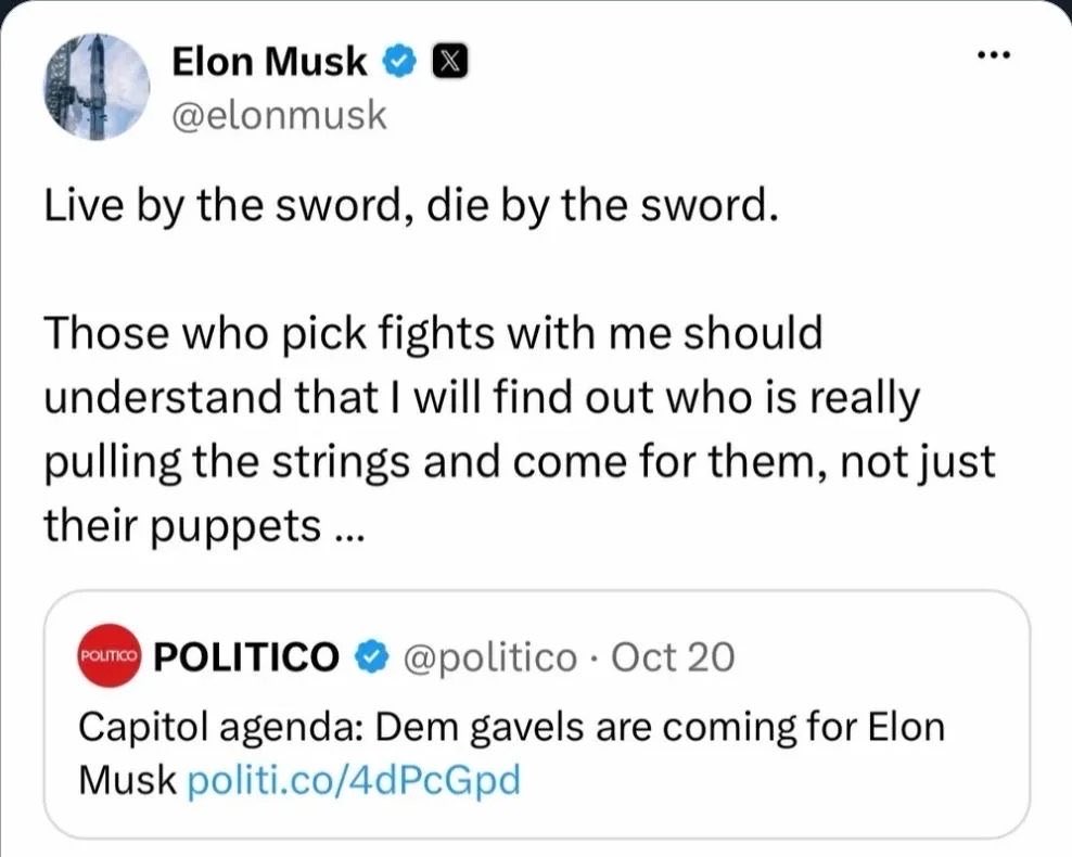 DavidLeavitt's tweet photo. Did Elon Musk just make death threats to multiple members of Congress? https://t.co/oZxqkjUIek