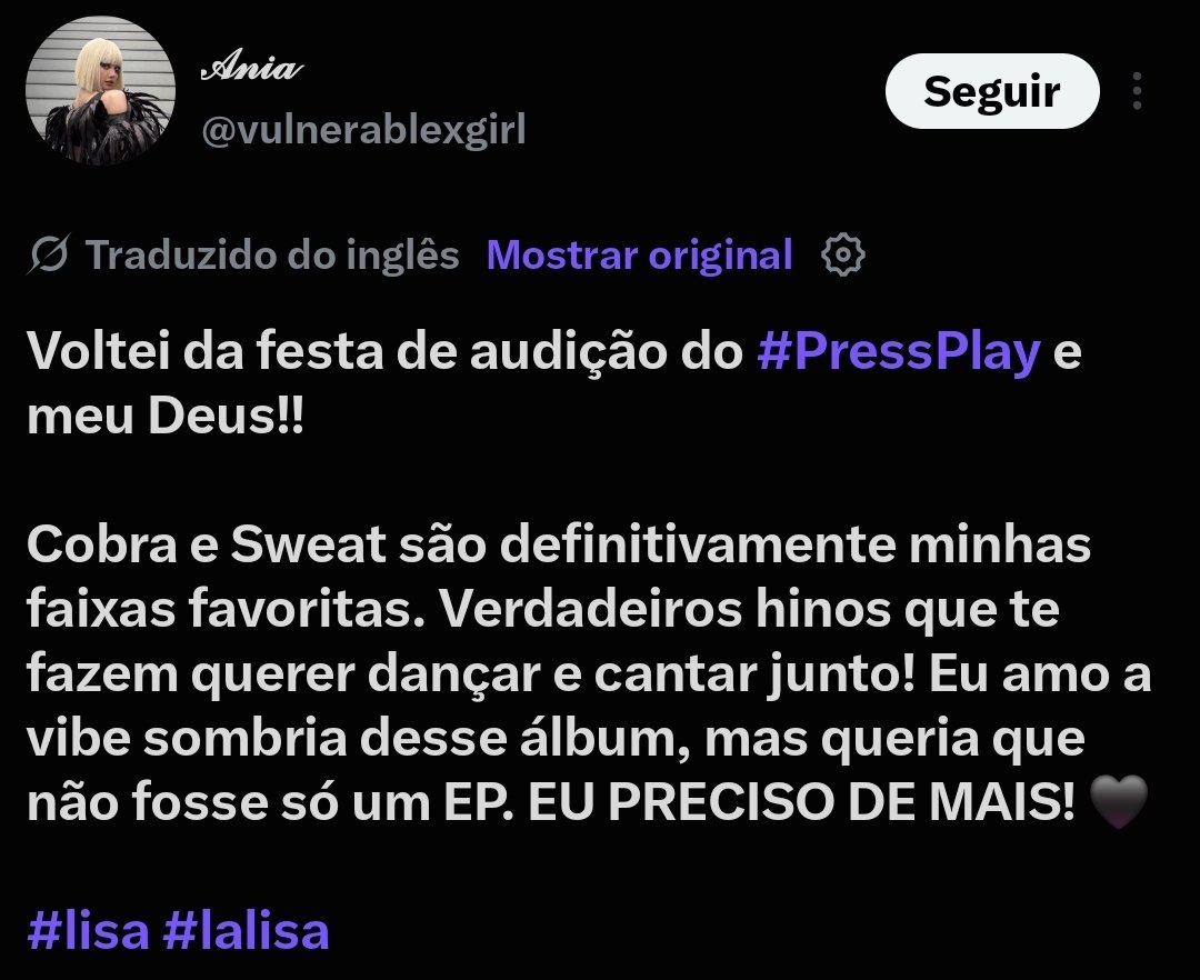 chaelisasbrasil's tweet photo. 💬 | Relatos de OP que ouviu o novo EP da LISA na Listening Party que está acontecendo. 

— RANKING: (cr. vulnerablexgirl)
1. Sweat
2. Cobra
3. Sawadika
3. Tarantino
4. Cut You Off

— "Nenhuma música triste neste álbum! Cut You Off é a minha menos favorita, mas este EP não tem uma música ruim. V12 tem um beat agressivo e é tão cativante!"

— "Você sabe que é difícil dizer, porque é um EP e Alter Ego é um álbum completo, mas você vai adorar isso se gostar de músicas com uma vibe sombria!"

— "Tarantino é diferente de FUTW, na minha opinião. É mais como uma música de filmes do Tarantino!"

Segundo o OP, os telefones foram confiscados durante a transmissão no EP, sendo devolvidos ao final. 

@wearelloud
