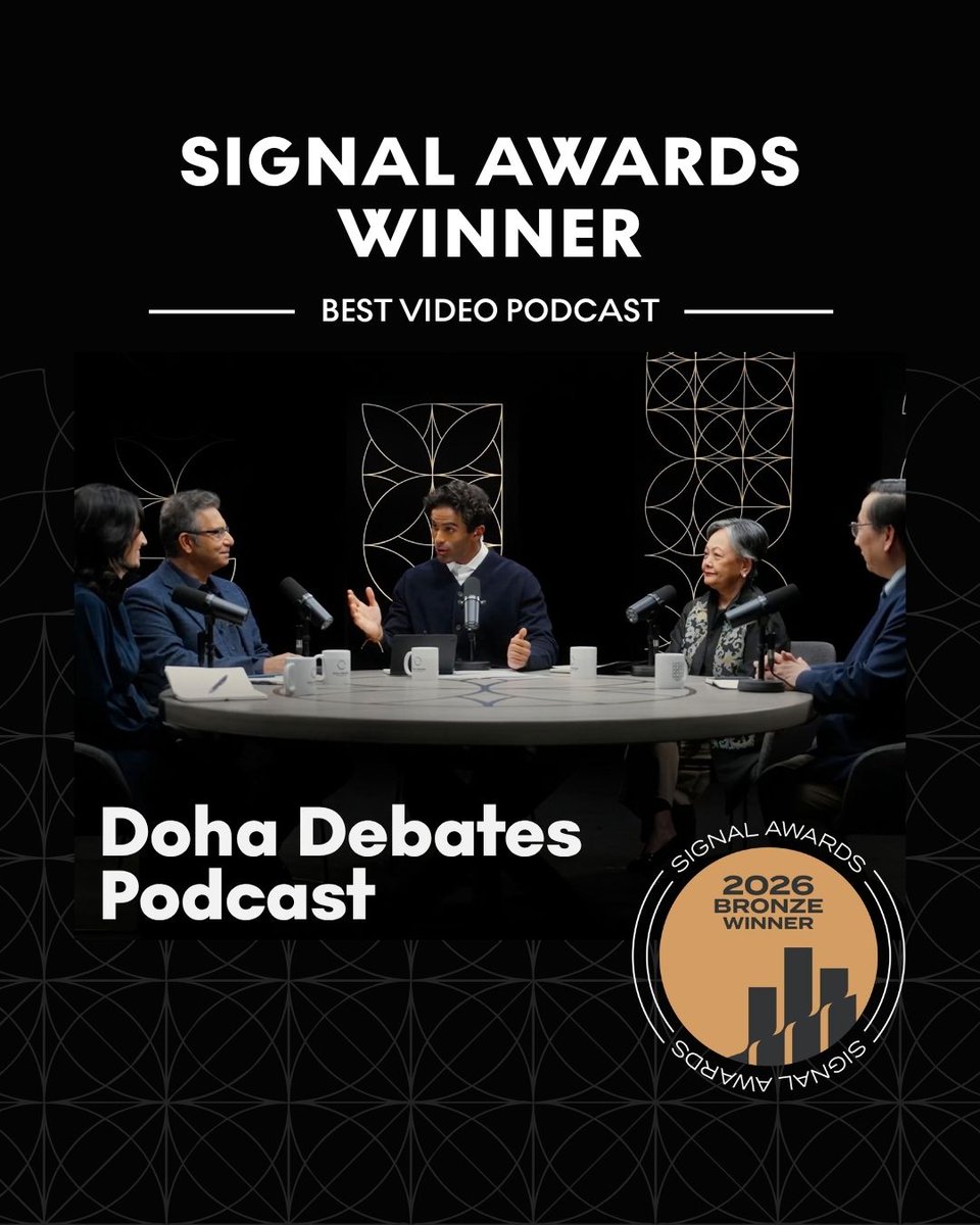 DohaDebates's tweet photo. Doha Debates is a 2026 @SignalAwards winner! 🎉

We’re proud to announce that the Doha Debates Podcast just took home a bronze Signal Award for Best Video Podcast.

Thank you so much to our viewers for voting!  This would not be possible without your continued support.

#SignalAwards #DohaDebates