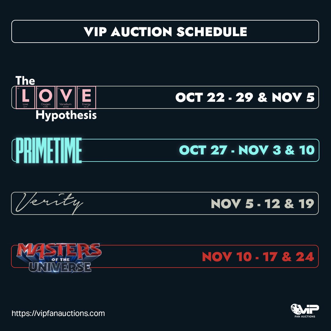 vipfanauctions's tweet photo. New Auction Schedule! A Lot of Exciting Auctions Coming Soon! What Do You Hope We Announce Next?

https://t.co/MsEqReiXdv

#thelovehypothesis #primetime #verity #MastersoftheUniverse https://t.co/IA279vYVuB