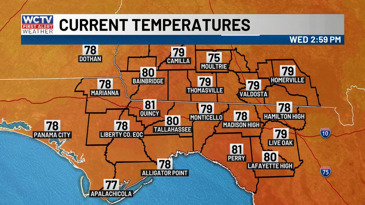 WCTVFirstAlert's tweet photo. Here's a look at the temperatures across our area. #FLwx #GAwx https://t.co/j7805UvQ8e