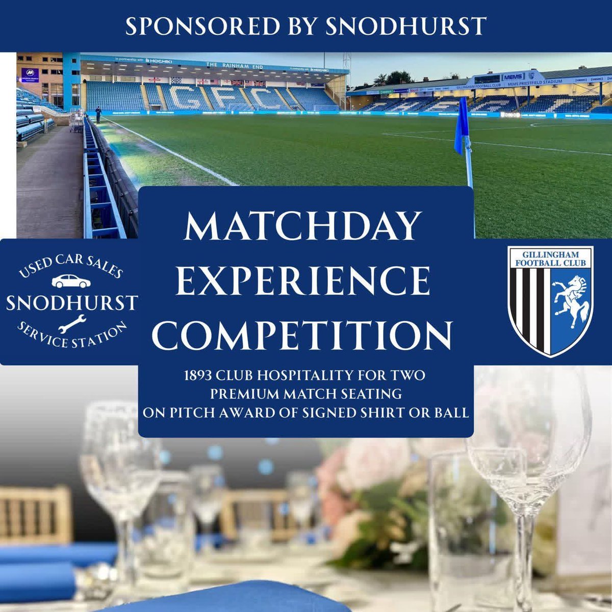 TheGillsFC's tweet photo. 𝗙𝗮𝗻𝘀 𝗠𝗮𝘁𝗰𝗵𝗱𝗮𝘆 𝗘𝘅𝗽𝗲𝗿𝗶𝗲𝗻𝗰𝗲 𝗖𝗼𝗺𝗽𝗲𝘁𝗶𝘁𝗶𝗼𝗻 - 𝗦𝗽𝗼𝗻𝘀𝗼𝗿𝗲𝗱 𝗯𝘆 𝗦𝗻𝗼𝗱𝗵𝘂𝗿𝘀𝘁 𝗠𝗼𝘁𝗼𝗿𝘀 🚗

Win a fantastic experience for our home fixture against Grimsby Town on October 24. 🥂

One lucky fan, and their chosen guest, will win an 1893 Club Hospitality Experience. And to make the day especially memorable, the winner will be presented with a signed shirt or signed ball on the Priestfield pitch, prior to kick-off. ⚽️

To enter, simply like and share this post, and tag a guest you'd like to share this experience with! 🤝

The winner will be selected randomly by the club, and the winner announced and contacted on October 22.

To celebrate the relationship with the club, Gills fans who produce a match or season ticket receive 10% off of their workshop bill at Snodhurst Service Station! 🙌

#Gills