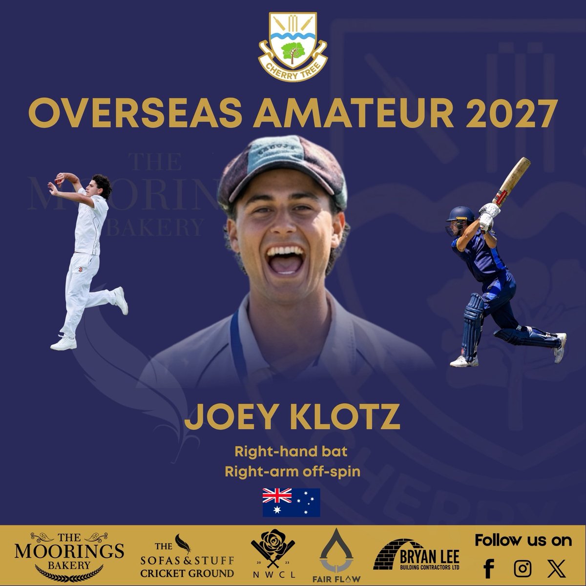 CherryTreeClub's tweet photo. 🚨🇦🇺 NEW SIGNING ALERT – 2027! 🇦🇺🚨

Cherry Tree welcomes Joey Klotz! 🍒🏏

We’re delighted to announce that Australian all-rounder Joey Klotz will be joining Cherry Tree Cricket Club as our Overseas Amateur for the 2027 season! https://t.co/LIfDC4tdA4