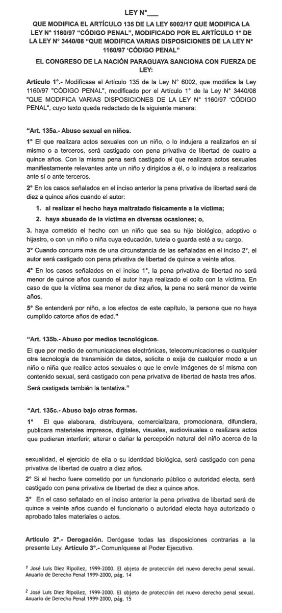 esperanza_py's tweet photo. Como mujer, madre y médica, me considero una ferviente defensora de los derechos de la niñez y comparto la preocupación de miles de madres, padres y familias por el bienestar de nuestros niños y niñas.

Por eso esperé con mucho interés la presentación del proyecto de modificación del Código Penal que anunciaron los activistas antiderechos. Me informaron que finalmente, sólo fue presentada una nota al presidente del Congreso, sin acompañar los requisitos necesarios para tramitarla como iniciativa popular. Voy a confirmar esto.

De todos modos, me puse a leer el texto y como no soy abogada, me surgieron algunas dudas que espero me ayuden a aclarar.

Resulta que pretenden proteger a la niñez del fantasma de la ideología de género, modificando la Ley 6002/2017 relativa al abuso sexual infantil.

Pero esa ley ya fue derogada por la Ley 7394/2024, que aumentó las penas, amplió las circunstancias agravantes e incorporó nuevas conductas punibles.

Es decir, presentaron un texto que, además de tener serios problemas de constitucionalidad y estar mal redactado, retoma penas más bajas y deja fuera conductas y agravantes que ya están contempladas en la legislación vigente.

Entonces, ¿me parece a mí nomás o presentaron una propuesta que además de buscar la censura y persecución, beneficiará a los abusadores en lugar de proteger a los niños y niñas?

Quedo atenta al análisis.