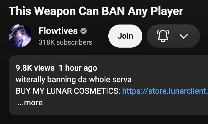 luverlow's tweet photo. "witerally banning da whole serva"
the baby voice has infiltrated his YOUTUBE VIDEO DESCRIPTIONS im gonna be sick https://t.co/SBl5Q9RLDG