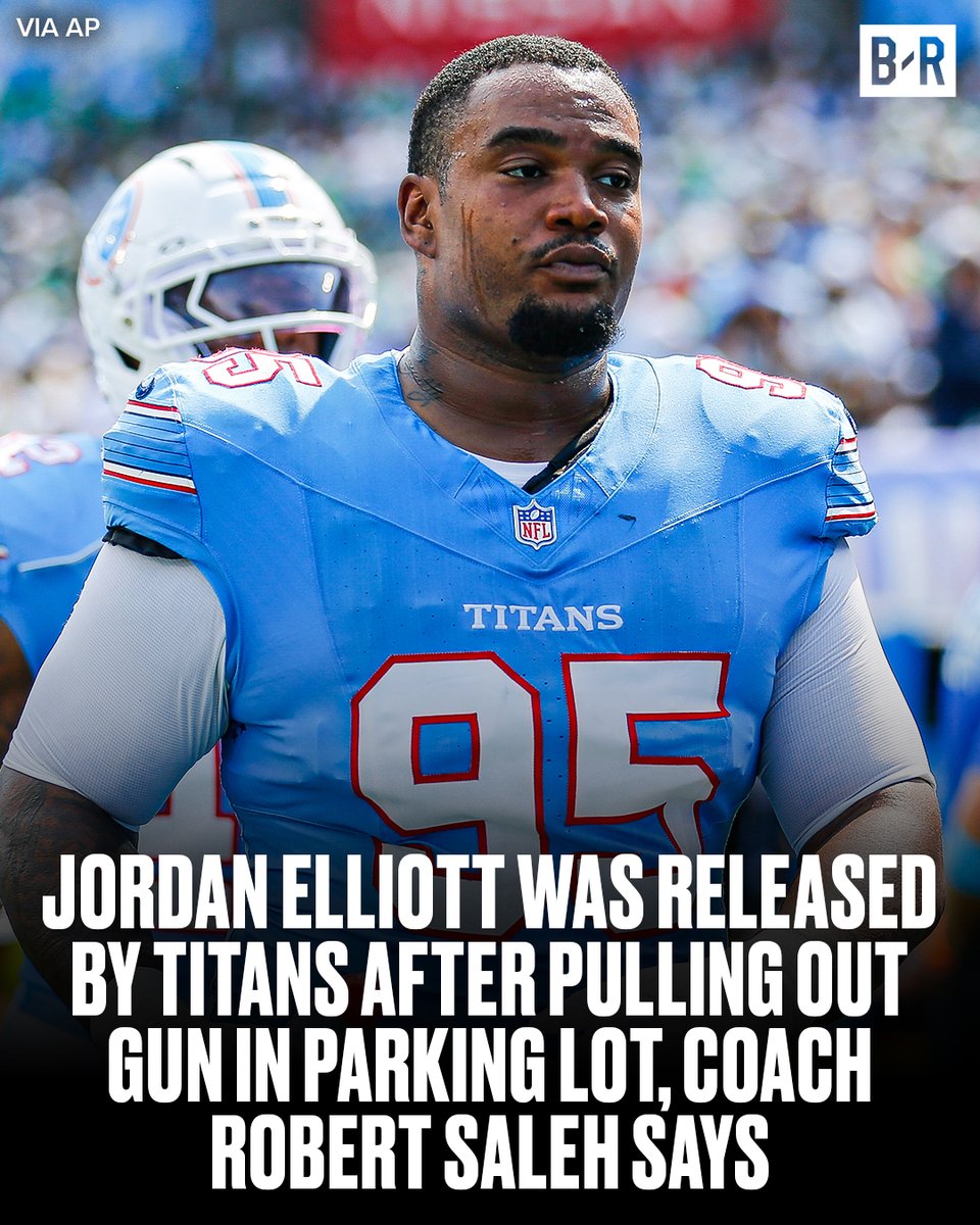BleacherReport's tweet photo. Tennessee Titans coach Robert Saleh confirmed Wednesday that defensive tackle Jordan Elliott was released after pulling a gun in the parking lot of the team facility but said it was a "terrible lapse in judgment that I recognize as a call for help more than a criminal act."

Full story: https://t.co/1pI8MruVbA