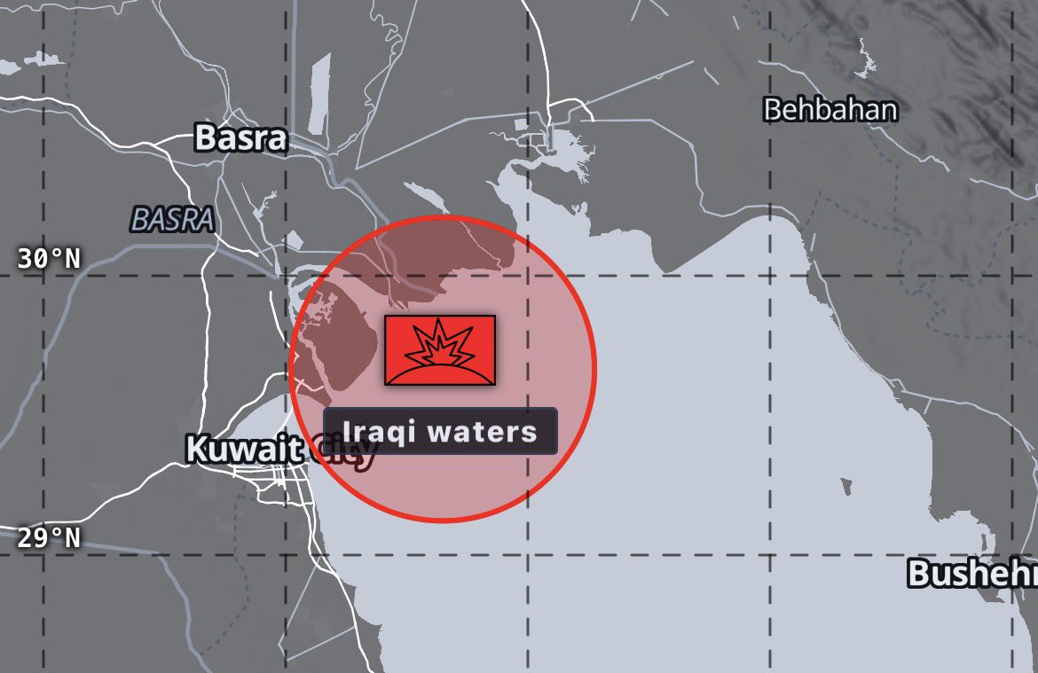 BeamTracker_'s tweet photo. 🔴🇮🇷🇺🇸UPDATE: An explosion was just heard from near Iraq territorial waters, with reports saying a tanker was just targeted.

If confirmed, this would most likely explain the earlier explosion near Sirik. https://t.co/XNOhF2tSky