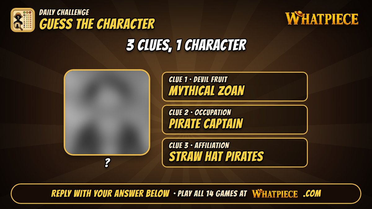 _whatpiece's tweet photo. 🕵️ 3 clues, 1 character. Who is it? Reply 👇

🎮 Play Guess the Character free · link in bio 👆

#onepiece #guessthecharacter https://t.co/3s3NcsujZb