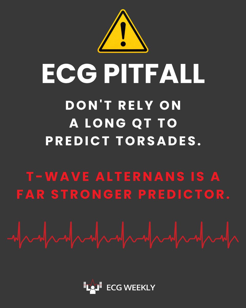 ECGWeekly's tweet photo. Don’t rely on a long QT to predict torsades. ⚠️

The QT is often prolonged, but T-wave alternans is a far stronger predictor.

Long QT: fix the electrolytes and watch closely.
T-wave alternans: torsades may be minutes away. https://t.co/rkjAAvyvCg