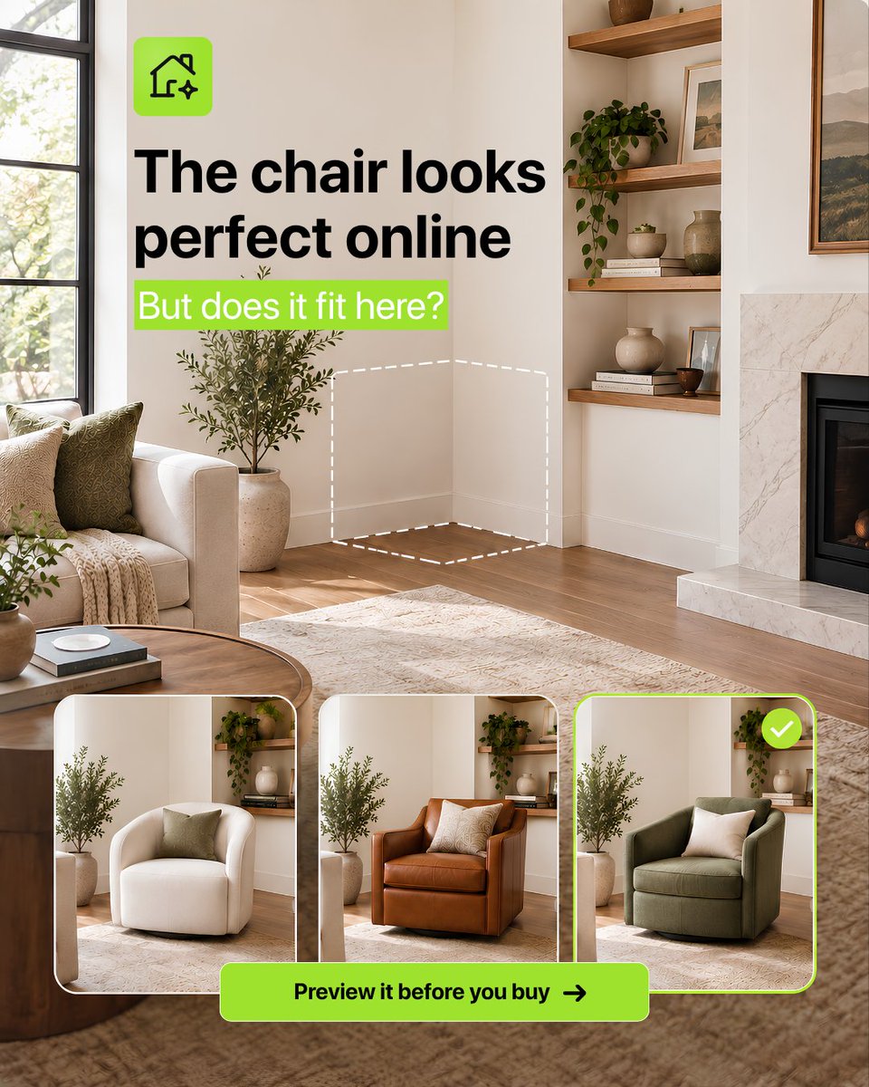 DesignSenseAI's tweet photo. The chair looks perfect online, but does it fit here?

Online, almost everything looks good.

The real question is how it feels in your actual space

Upload your room and test the piece here 👇
➡️ https://t.co/kQVjRTGfsL

#homedecor #homemakeover #airoomdesign #amazon #interior https://t.co/HvtBVVjtJL