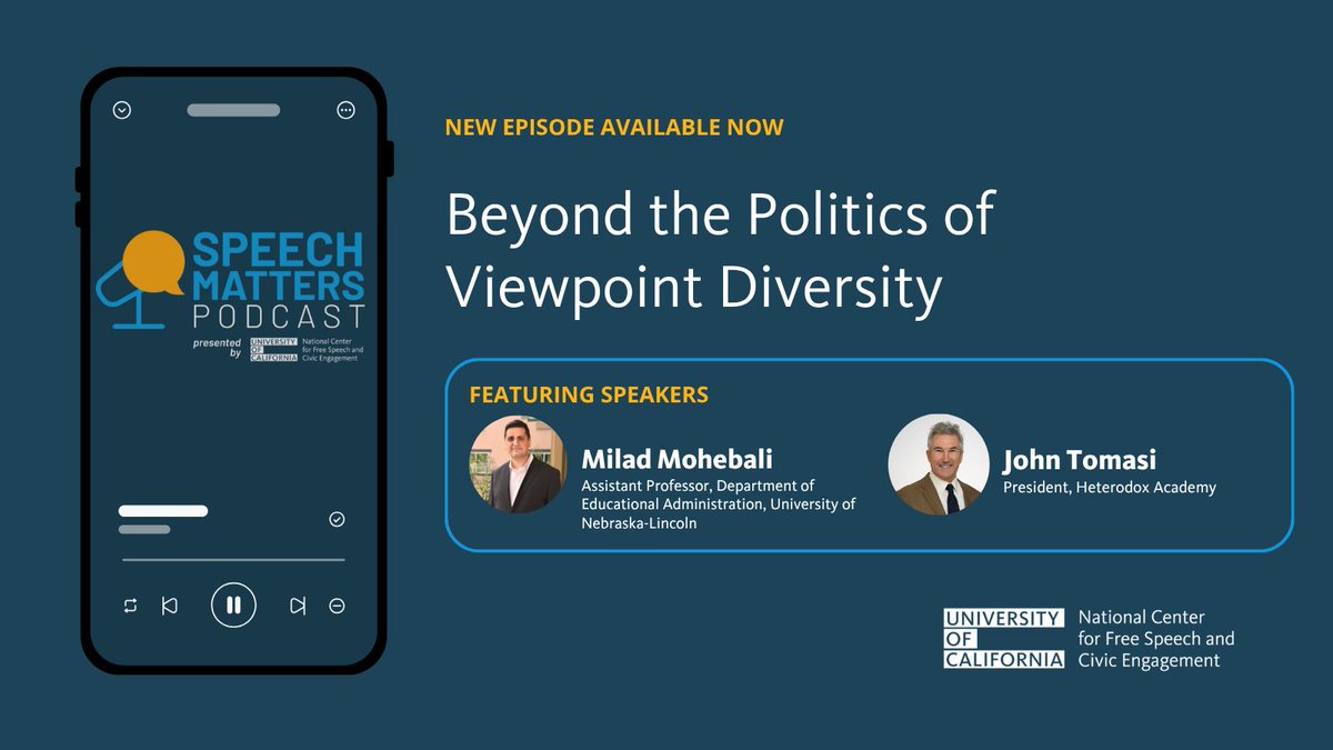 ucfreespeech's tweet photo. 🆕 #SpeechMatters podcast episode!

Tune in to “Beyond the Politics of Viewpoint Diversity” with guests Milad Mohebali from the @UNLincoln and John Tomasi from @HdxAcademy. 

▶️ https://t.co/8afk2j4OjY https://t.co/uDzi09p7RC