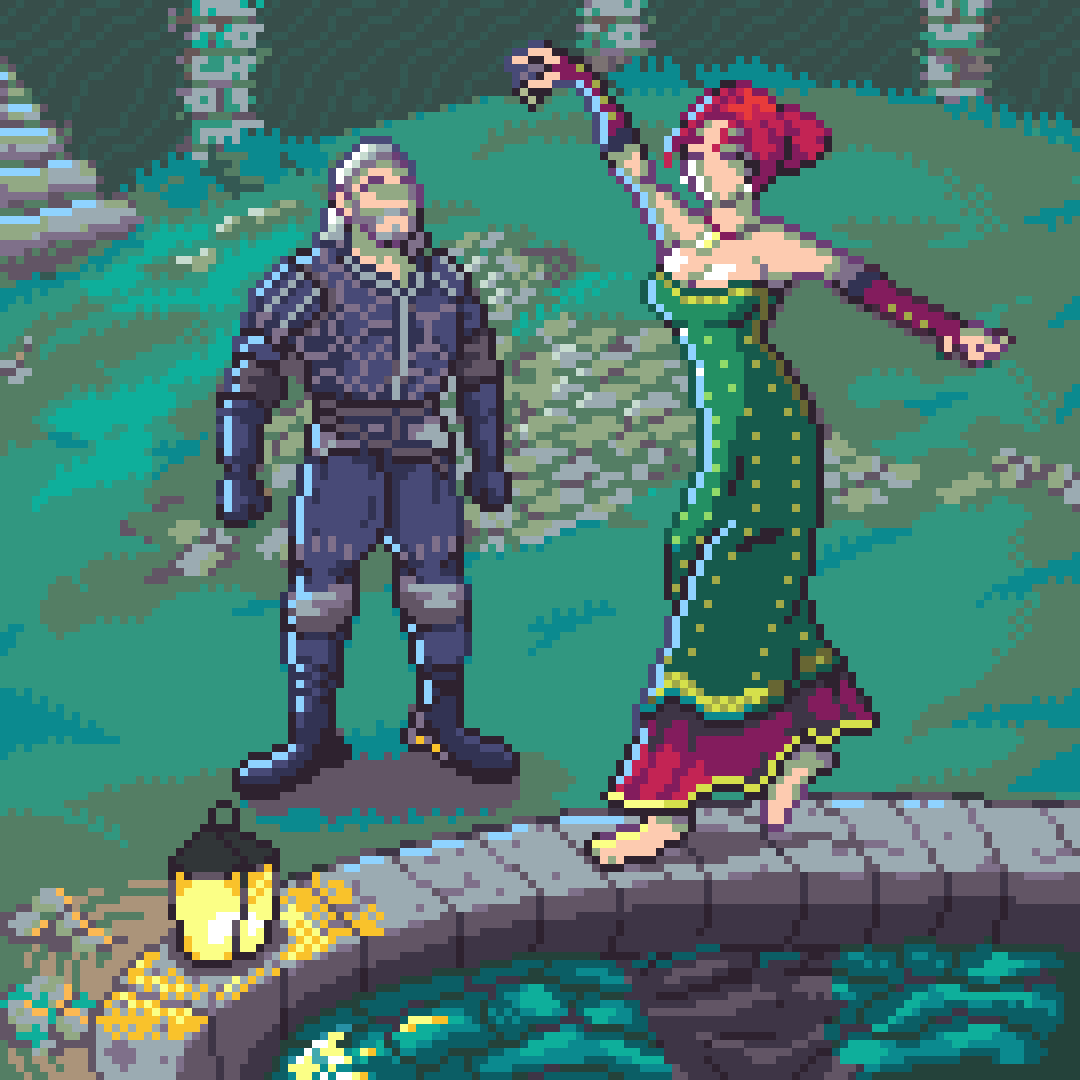 WitcherHour's tweet photo. pixel style Geralt &amp; Triss https://t.co/oZbiBnGYjr