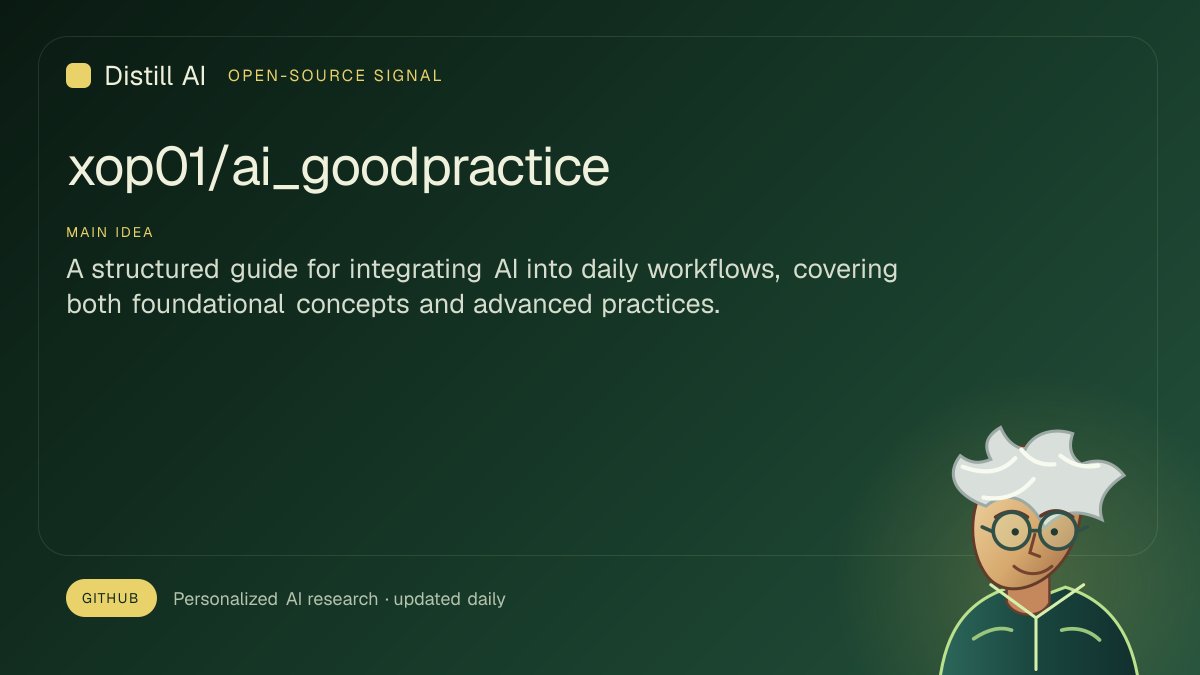DistillAI1's tweet photo. 🔧 A structured guide for integrating AI into daily workflows, covering both foundational concepts and advanced practices. Suited for beginners and experienced practitioners alike. 284 stars on GitHub.
https://t.co/U8zypIHwvz
@github
#DistillAI #GitHub #AISafety https://t.co/KSVSr6RrIn