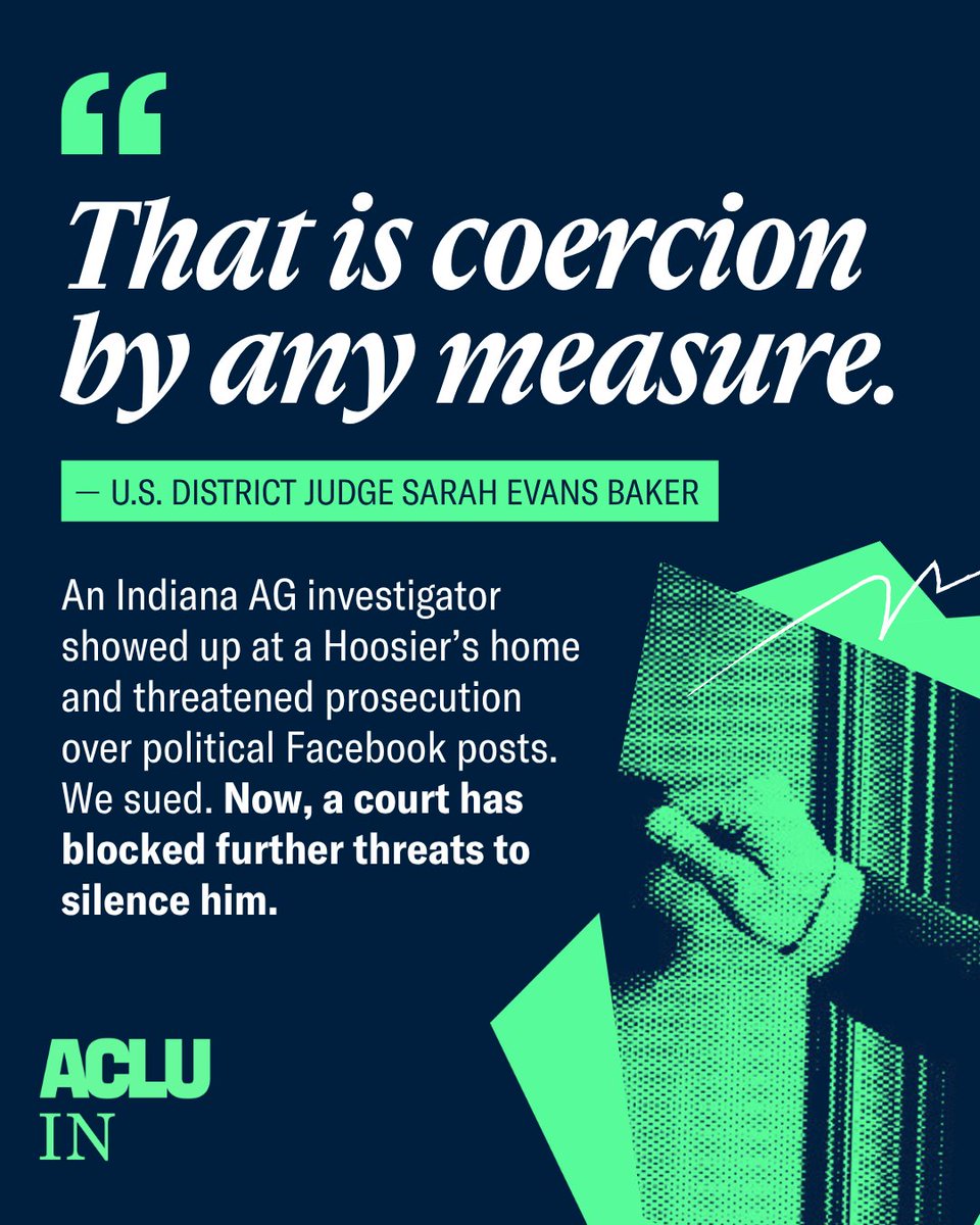 ACLUIndiana's tweet photo. The First Amendment protects the right to criticize public officials without fear of government intimidation, full stop.
 
Government officials don't get to decide which political opinions people are allowed to express.
 
Read the full press release here: https://t.co/lzZcs0fhE8. https://t.co/MHs8NPyVvx