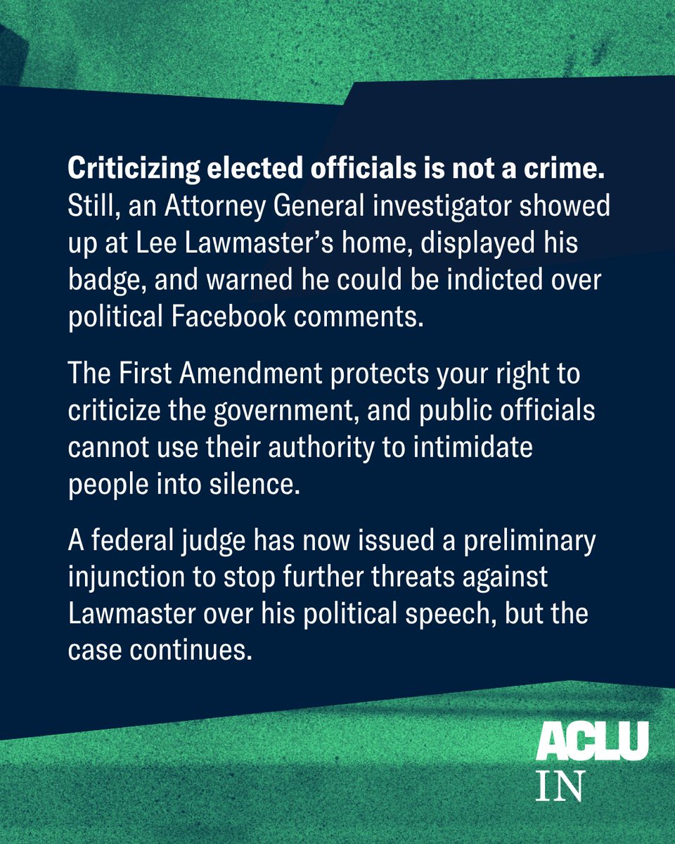 ACLUIndiana's tweet photo. The First Amendment protects the right to criticize public officials without fear of government intimidation, full stop.
 
Government officials don't get to decide which political opinions people are allowed to express.
 
Read the full press release here: https://t.co/lzZcs0fhE8. https://t.co/MHs8NPyVvx
