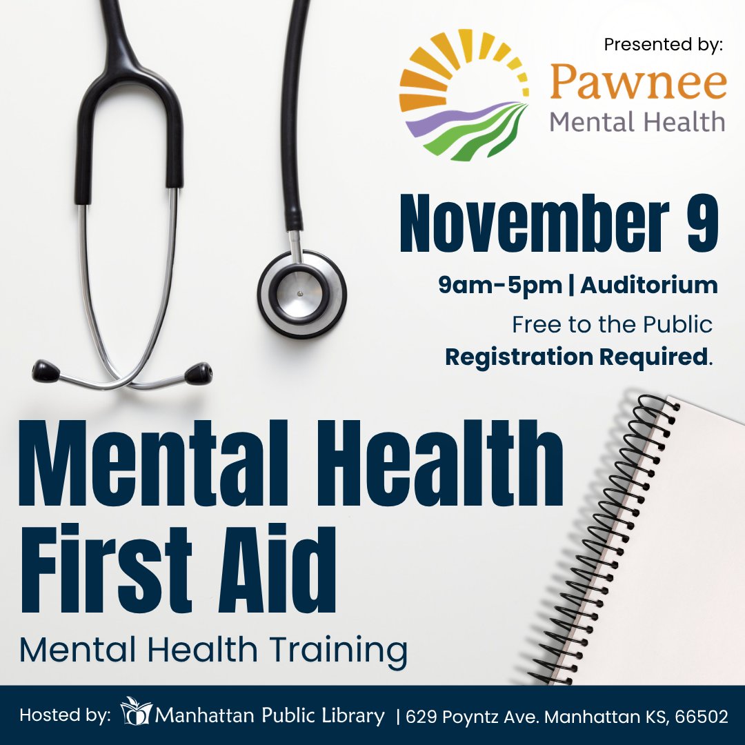 ManhattanPL's tweet photo. Mark your calendars—we’ve got a second chance to connect! Our Mental Health First Aid training with Pawnee Mental Health has been rescheduled for November 9. https://t.co/zqHKF3wI3T https://t.co/1VLJX5G9JU
