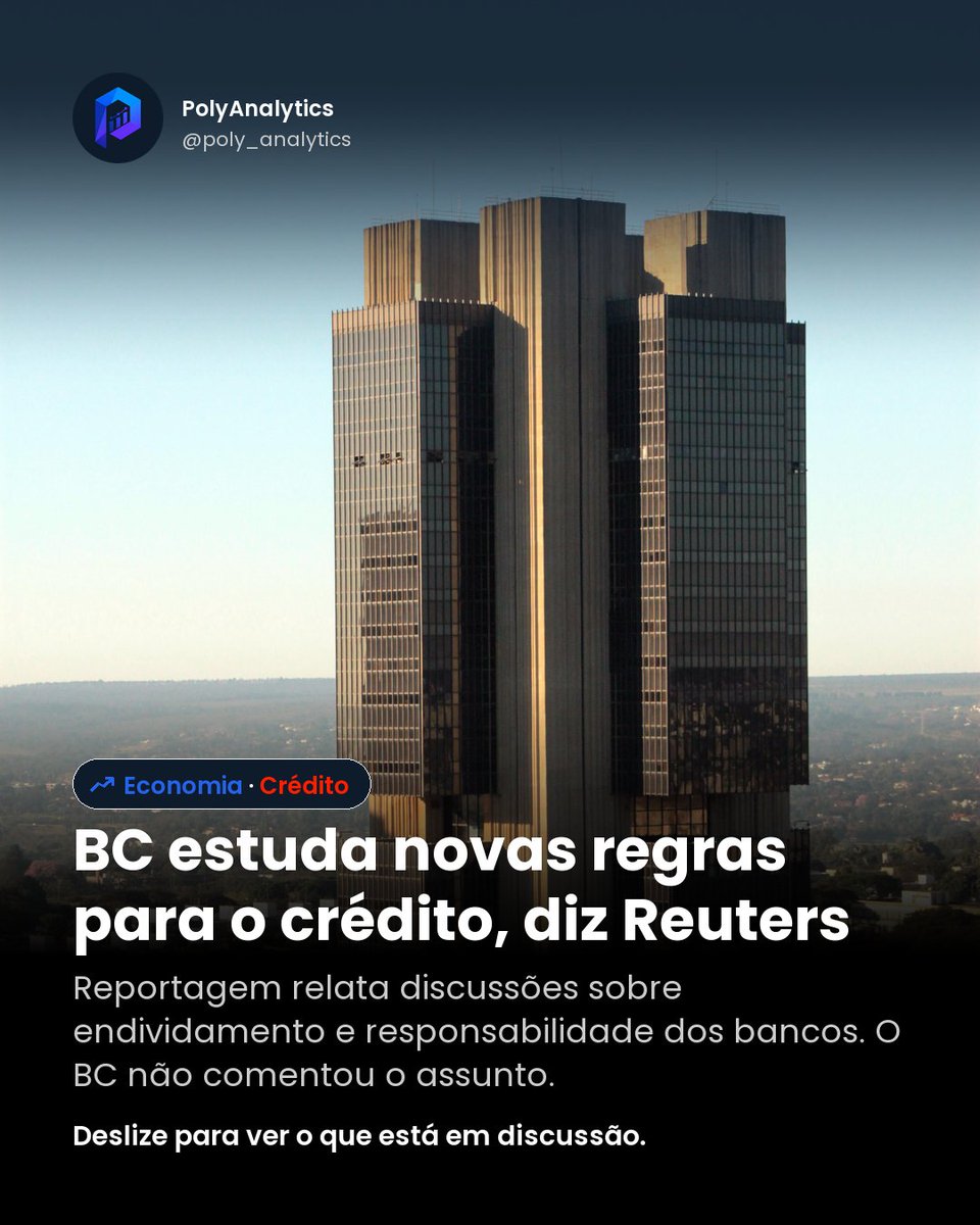 Poly_analytics's tweet photo. O assunto é o crédito. A diferença está no estágio da medida. 💳 Em reportagem de 20/10, a Reuters relata que o BC discute ações para conter o endividamento, com foco nas responsabilidades dos bancos e na transparência das ofertas. #Crédito #Economia #BancoCentral https://t.co/6GiD8YTKVX
